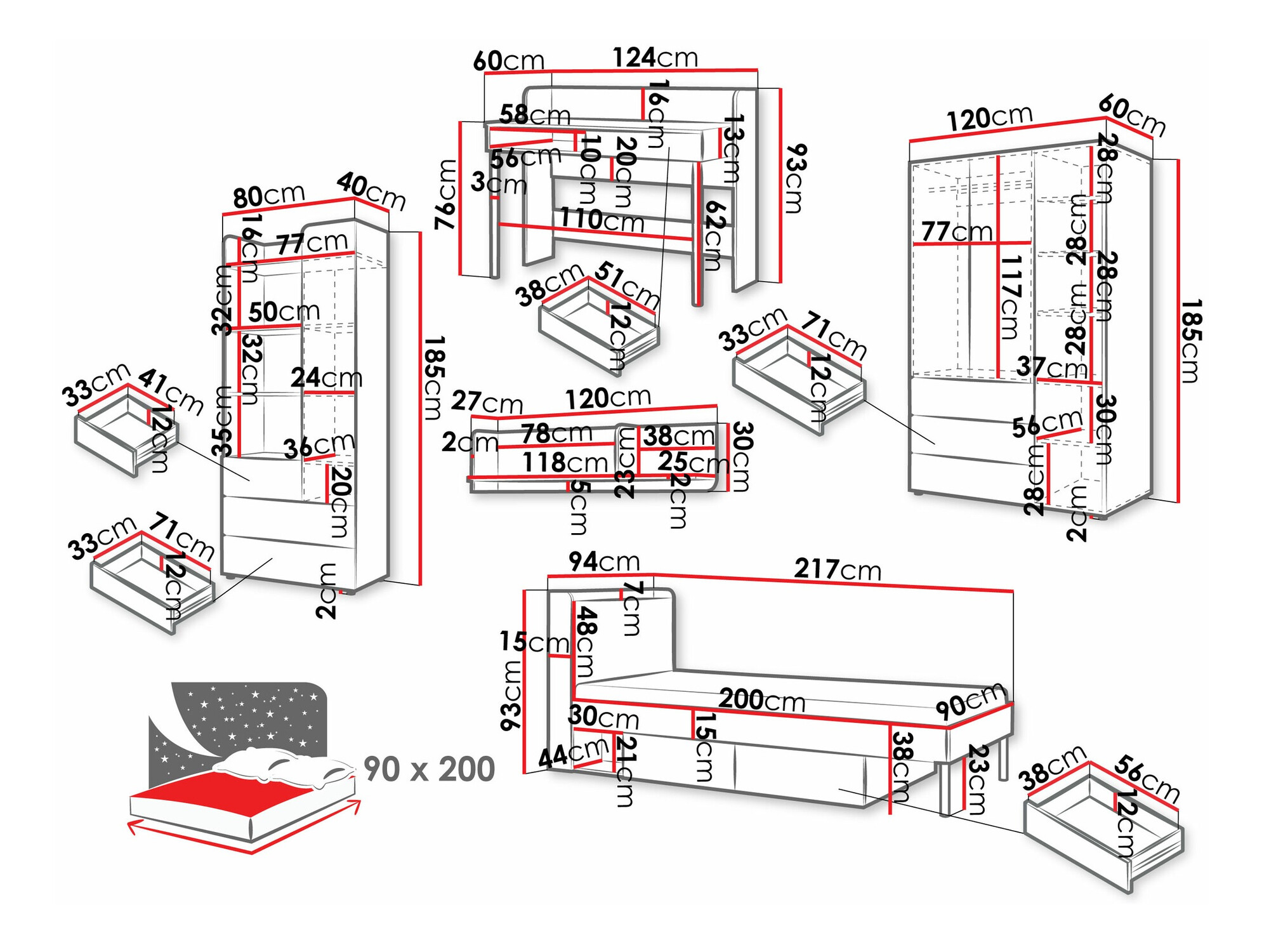 Conjuntos para quartos de criança Domcali 116 (Cinzento + Carvalho)