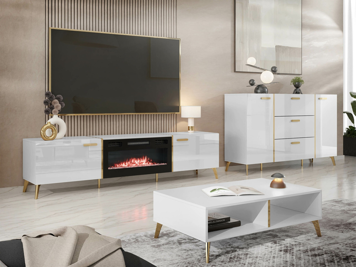 Conjunto para sala de estar Teslomo 102 (Branco + Branco brilhante)