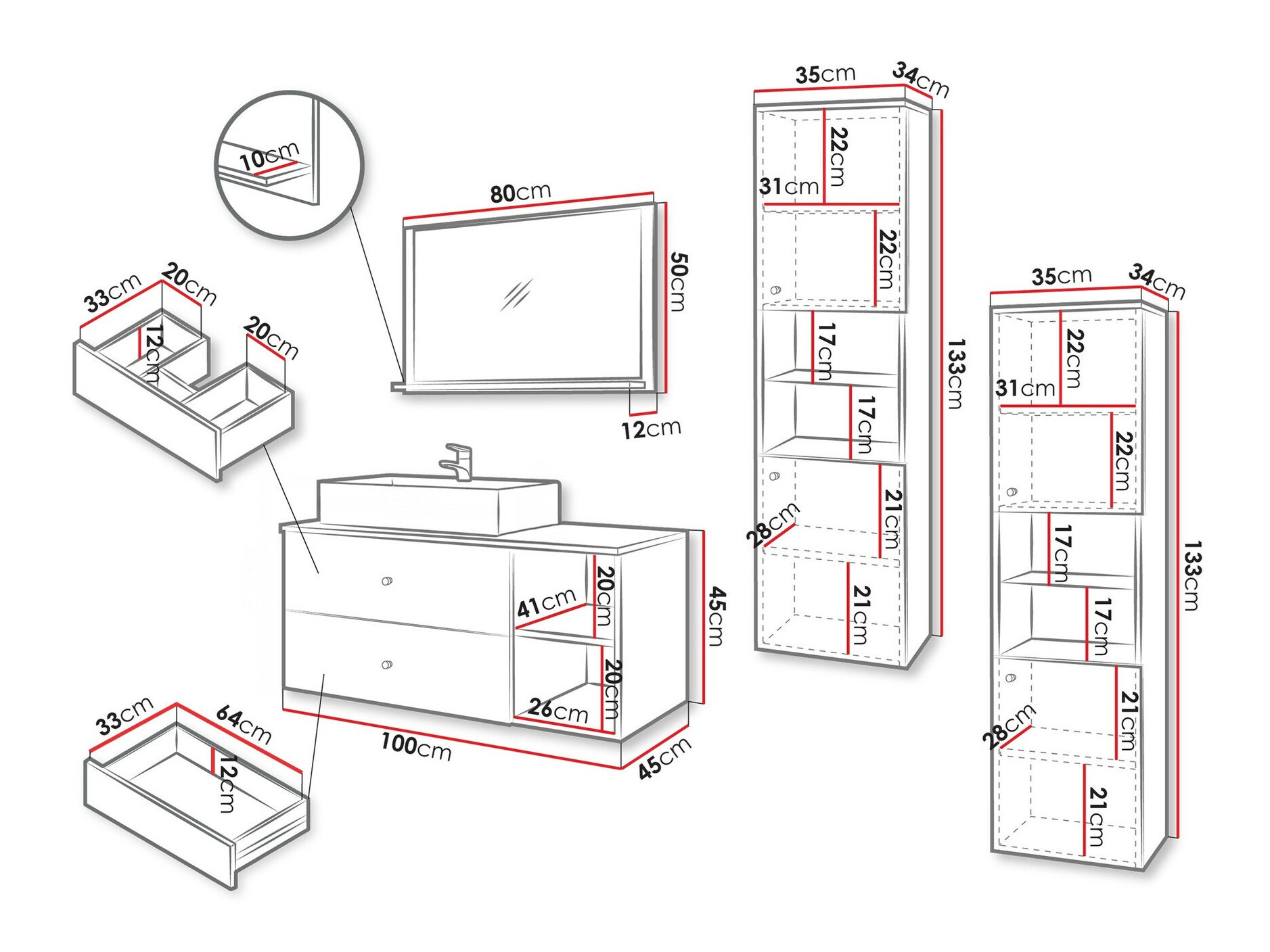 Conjunto para casa de banho Ophruvi 102 (Nogueira + Marmore branco)