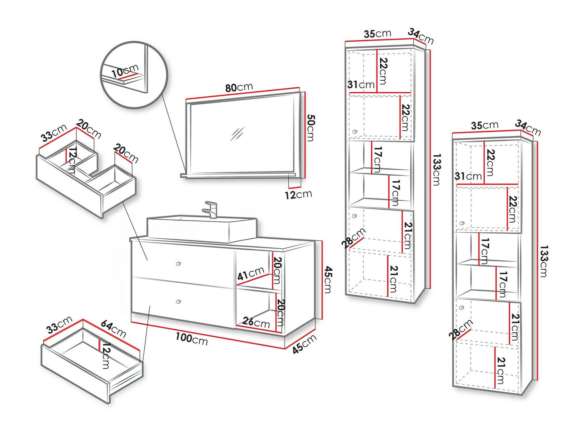 Conjunto para casa de banho Salus III (Preto + Mármore preto)