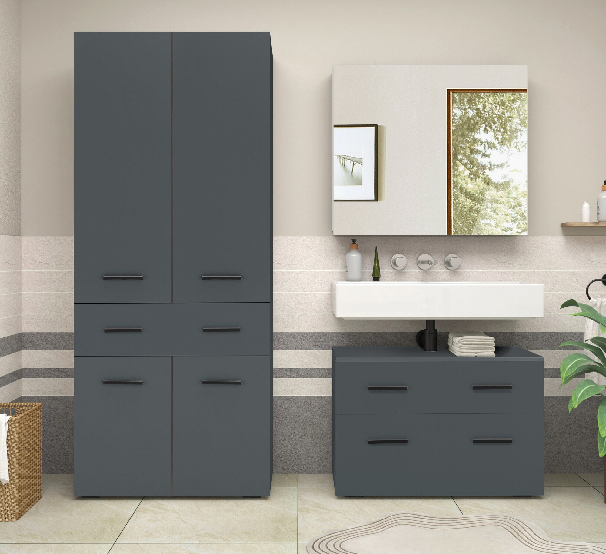 Armário de casa de banho de chão para lavatório Larlori 107 (Antracite)