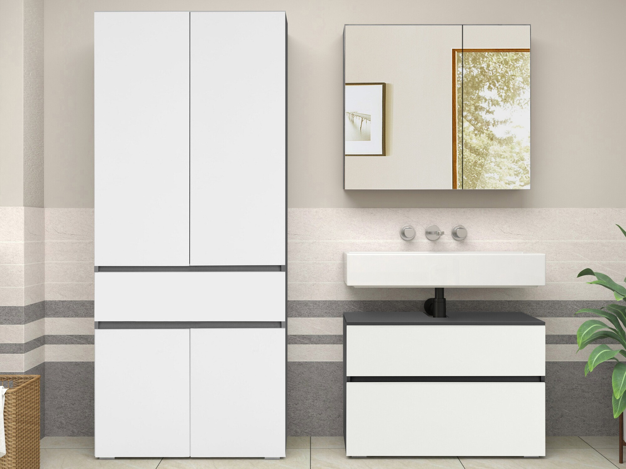 Armário de casa de banho de chão para lavatório Soncamu 113 (Branco + Antracite)