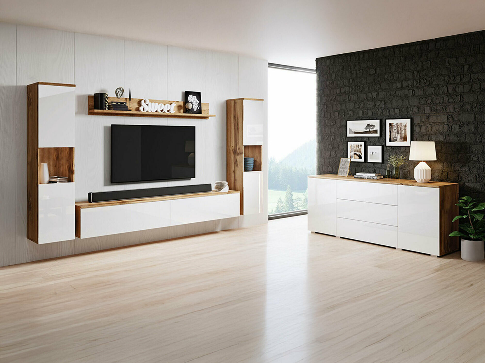 Conjunto para sala de estar Sarasota 133 (Carvalho wotan + Branco brilhante)