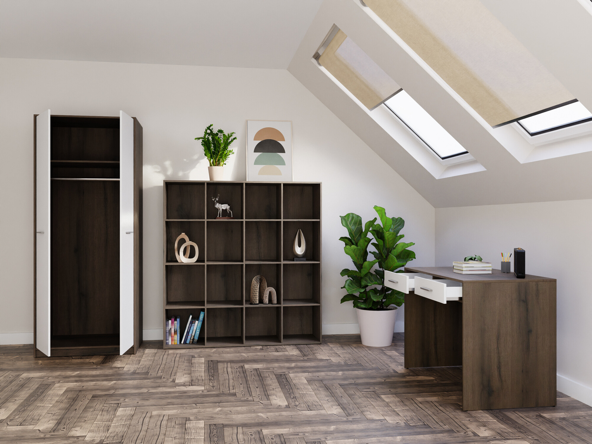 Conjunto para escritório em casa Novsore 166 (Carvalho escuro + Branco)