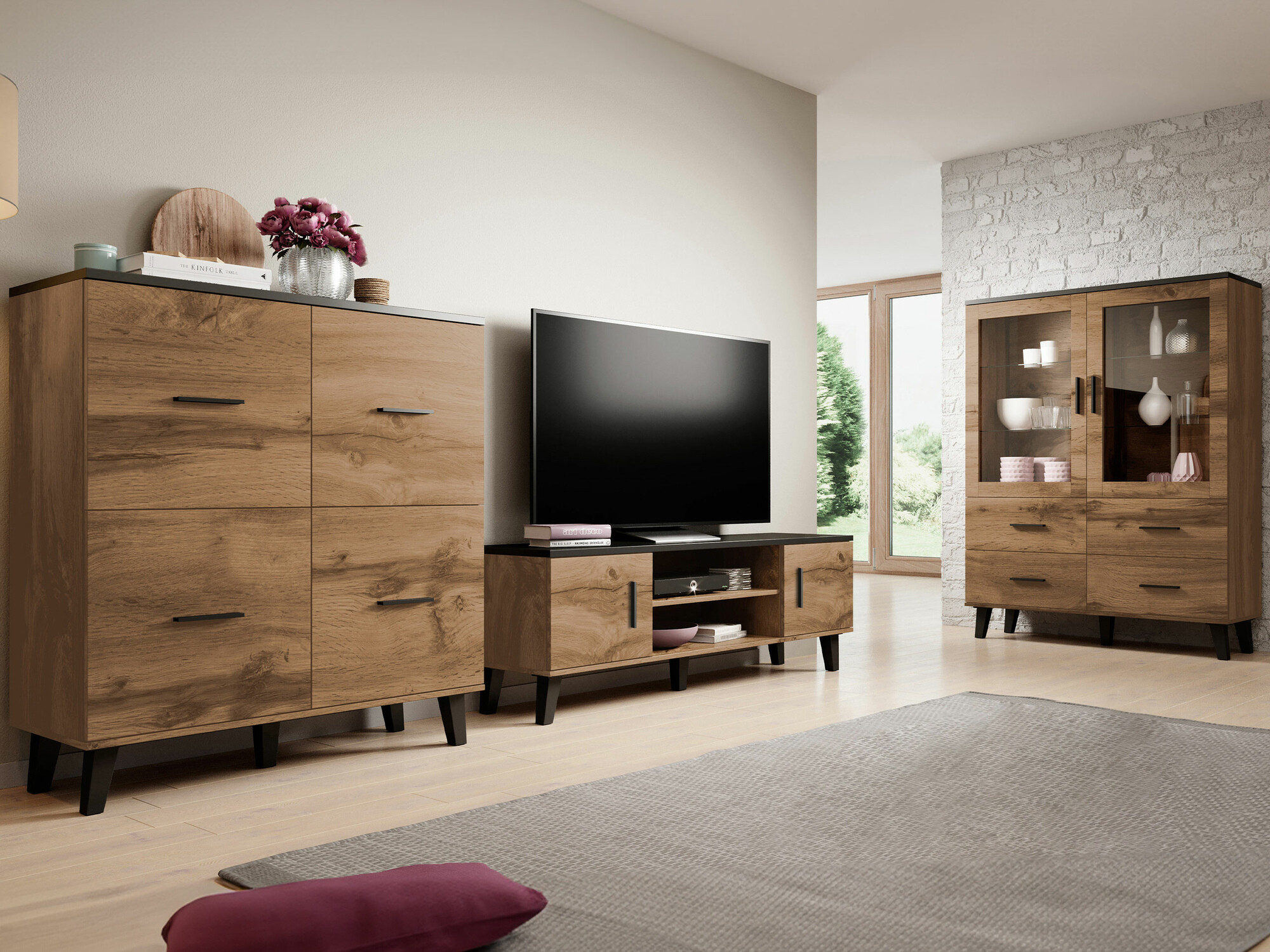 Conjunto para sala de estar Larfloi 113 (Carvalho wotan + Preto)