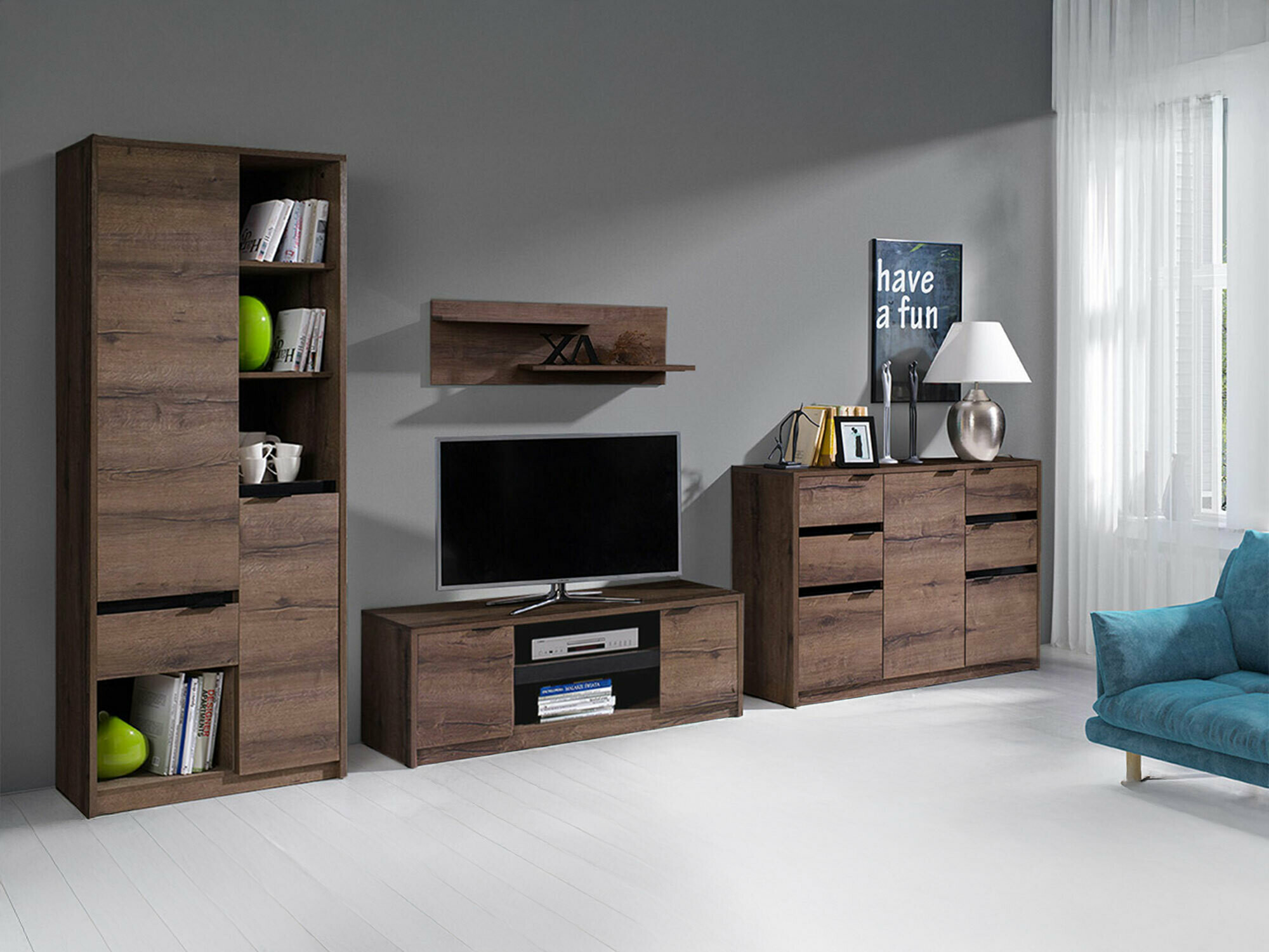 Conjunto para sala de estar Fivelbo 117 (Carvalho do Monastery + Preto brilhante)