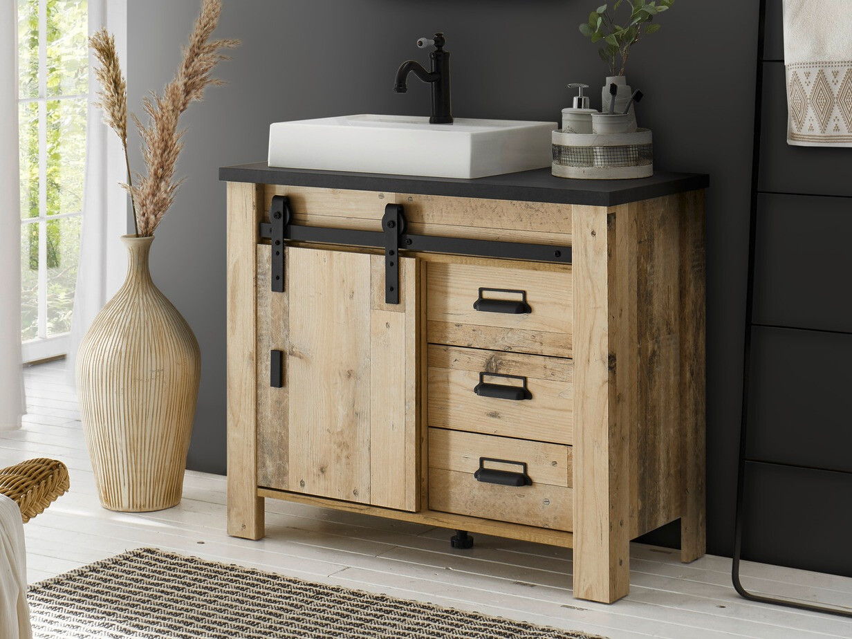 Armário com lavatório de apoio próprio para casa de banho Cirtale 133 (Árvore envelhecida + Antracite)