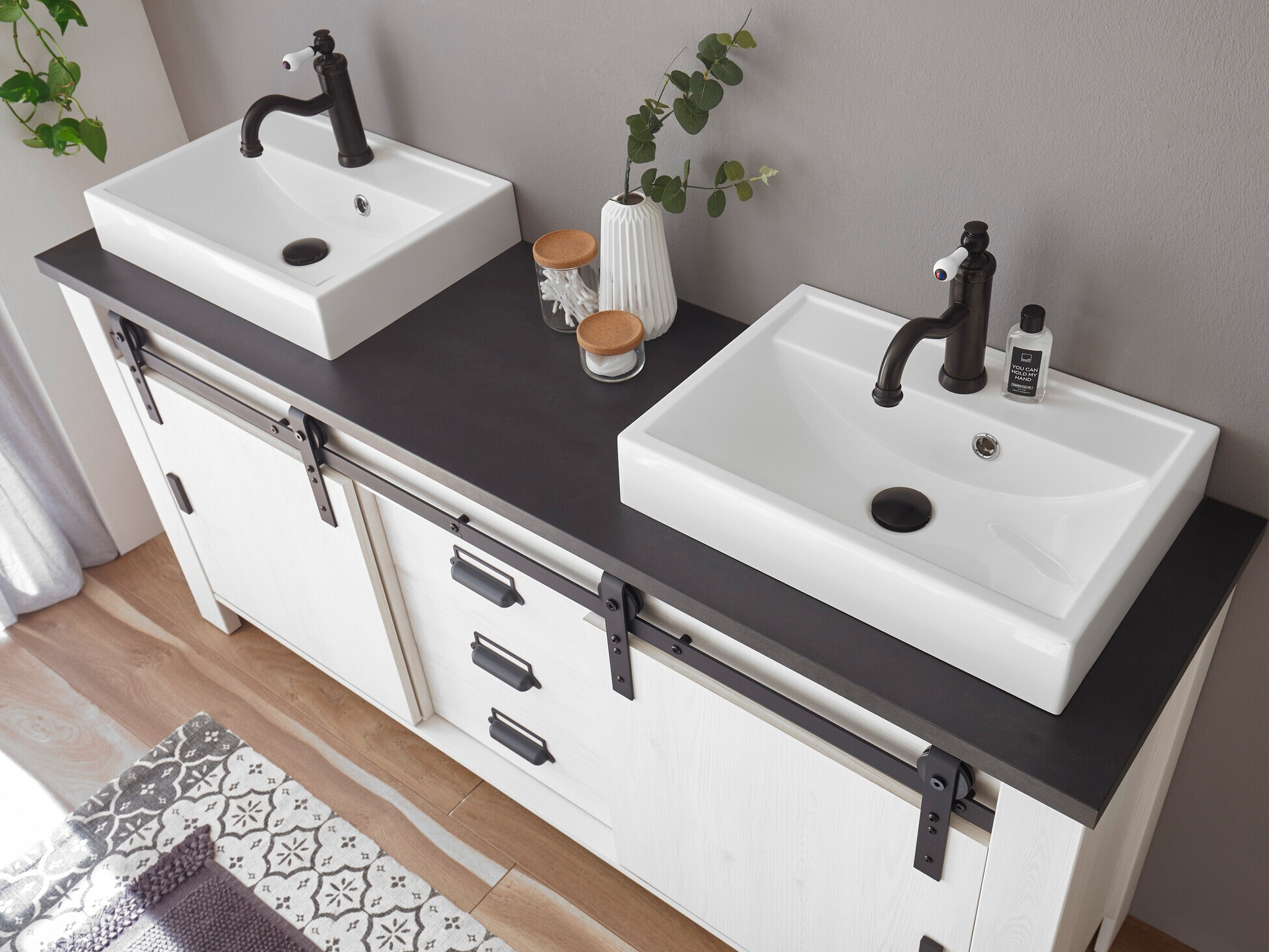 Armário com lavatório de apoio próprio para casa de banho Cirtale 134 (Pinheiro branqueado + Antracite)