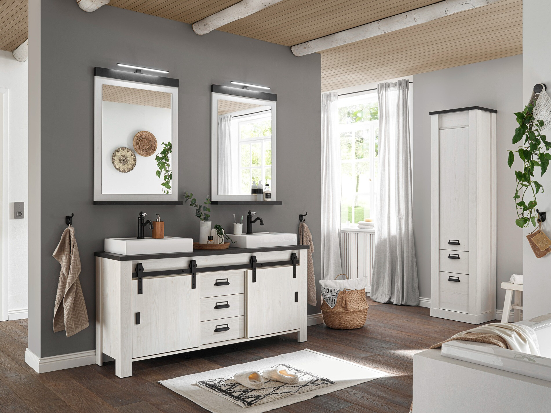 Armário com lavatório de apoio próprio para casa de banho Cirtale 134 (Pinheiro branqueado + Antracite)