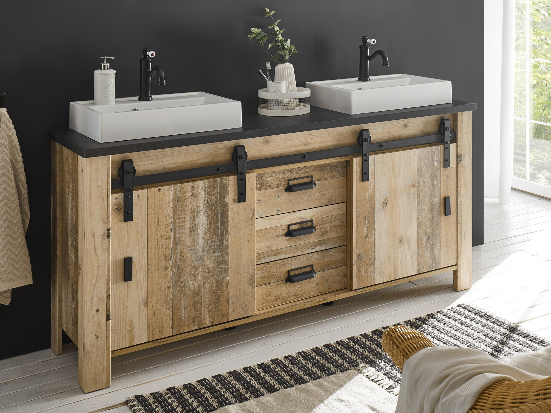 Armário de casa de banho de chão para lavatório Cirtale 134 (Árvore envelhecida + Antracite)