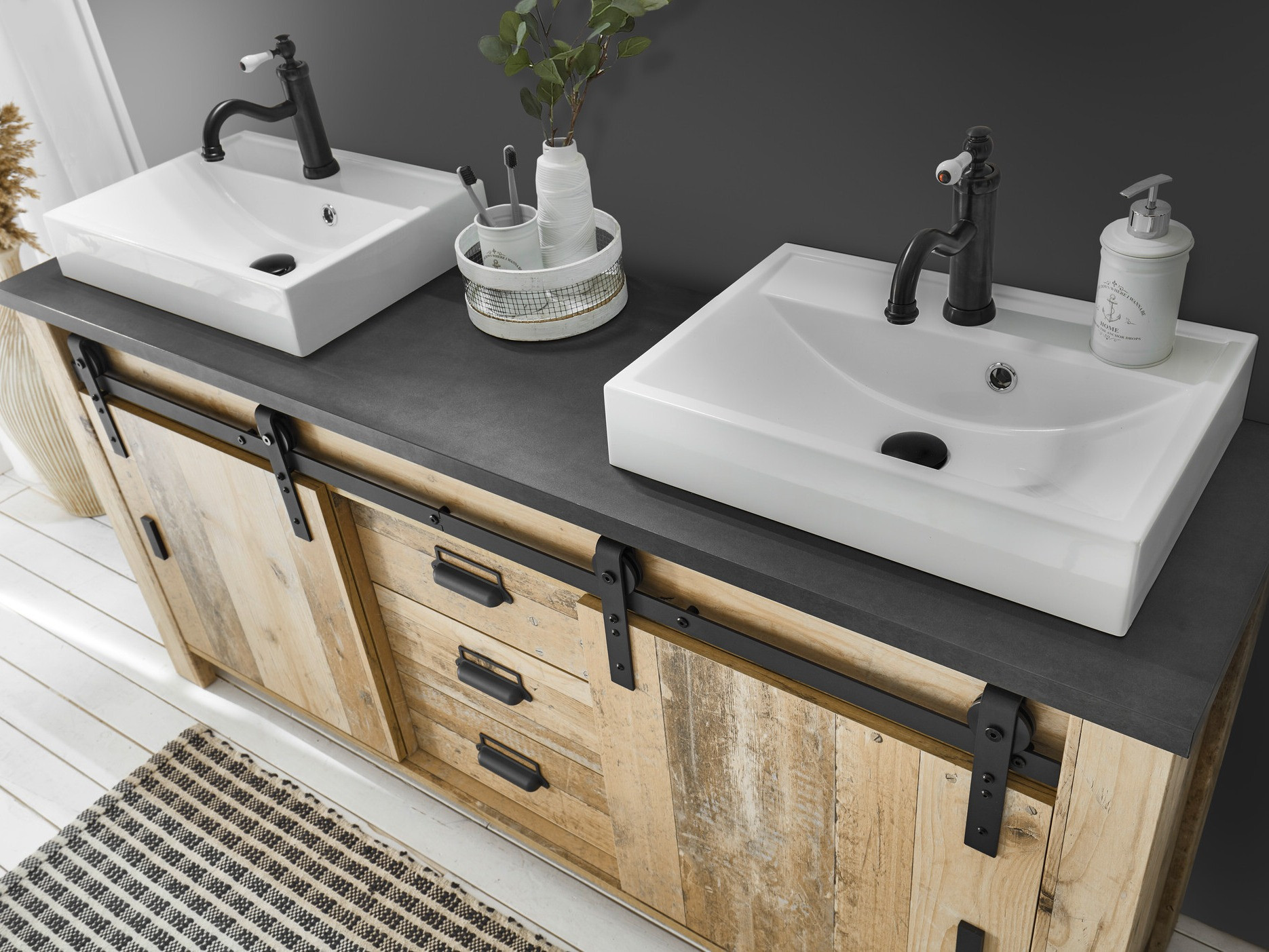 Armário de casa de banho de chão para lavatório Cirtale 134 (Árvore envelhecida + Antracite)