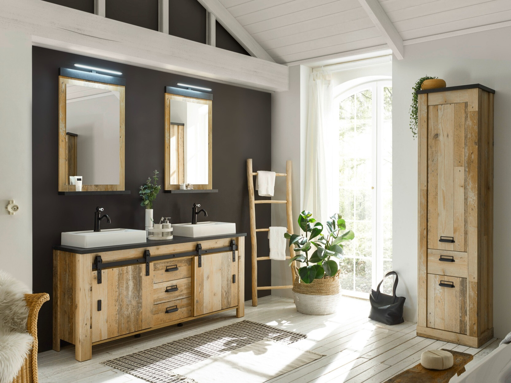 Armário de casa de banho de chão para lavatório Cirtale 134 (Árvore envelhecida + Antracite)