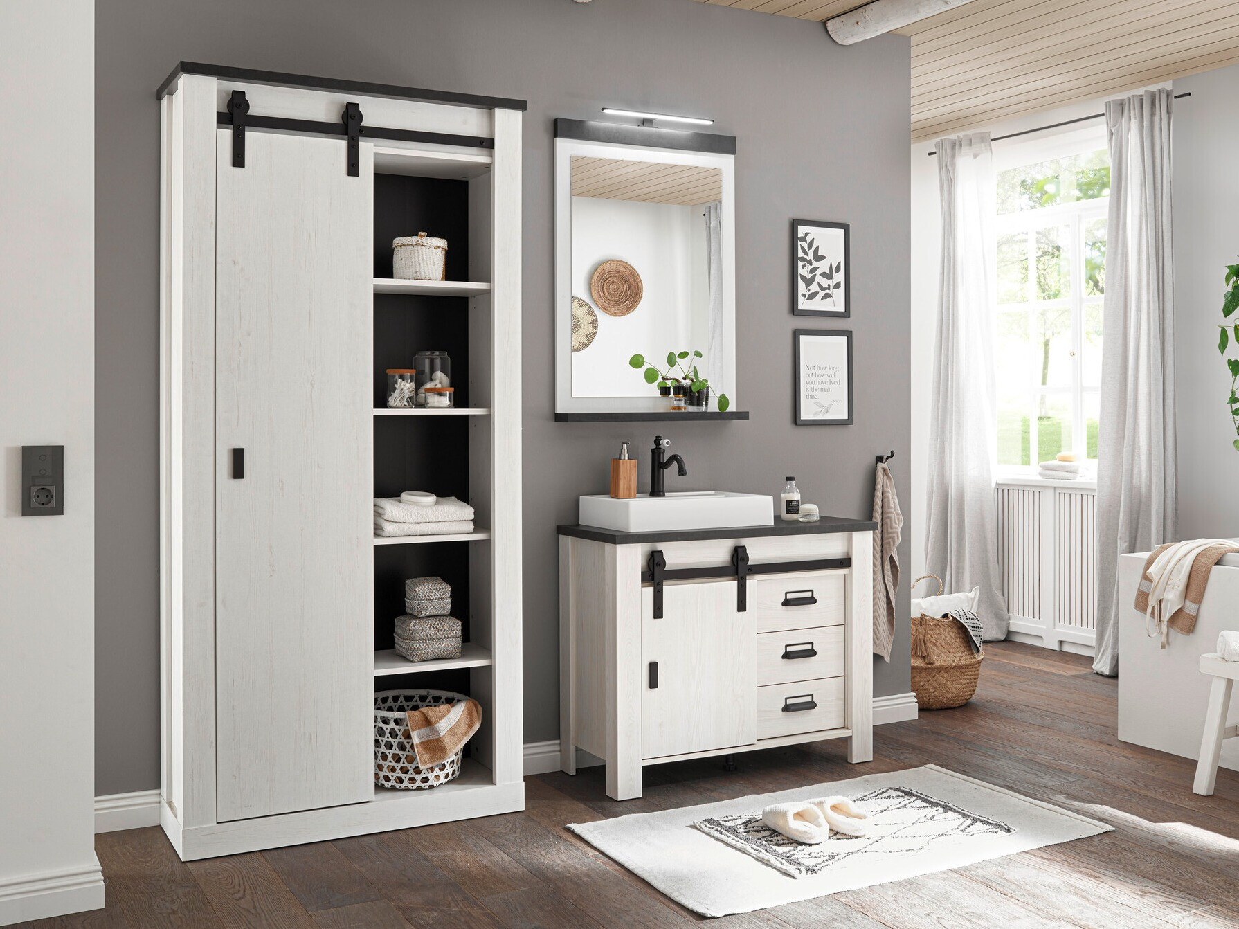 Conjunto para casa de banho Cirtale 139 (Pinheiro branqueado + Antracite)