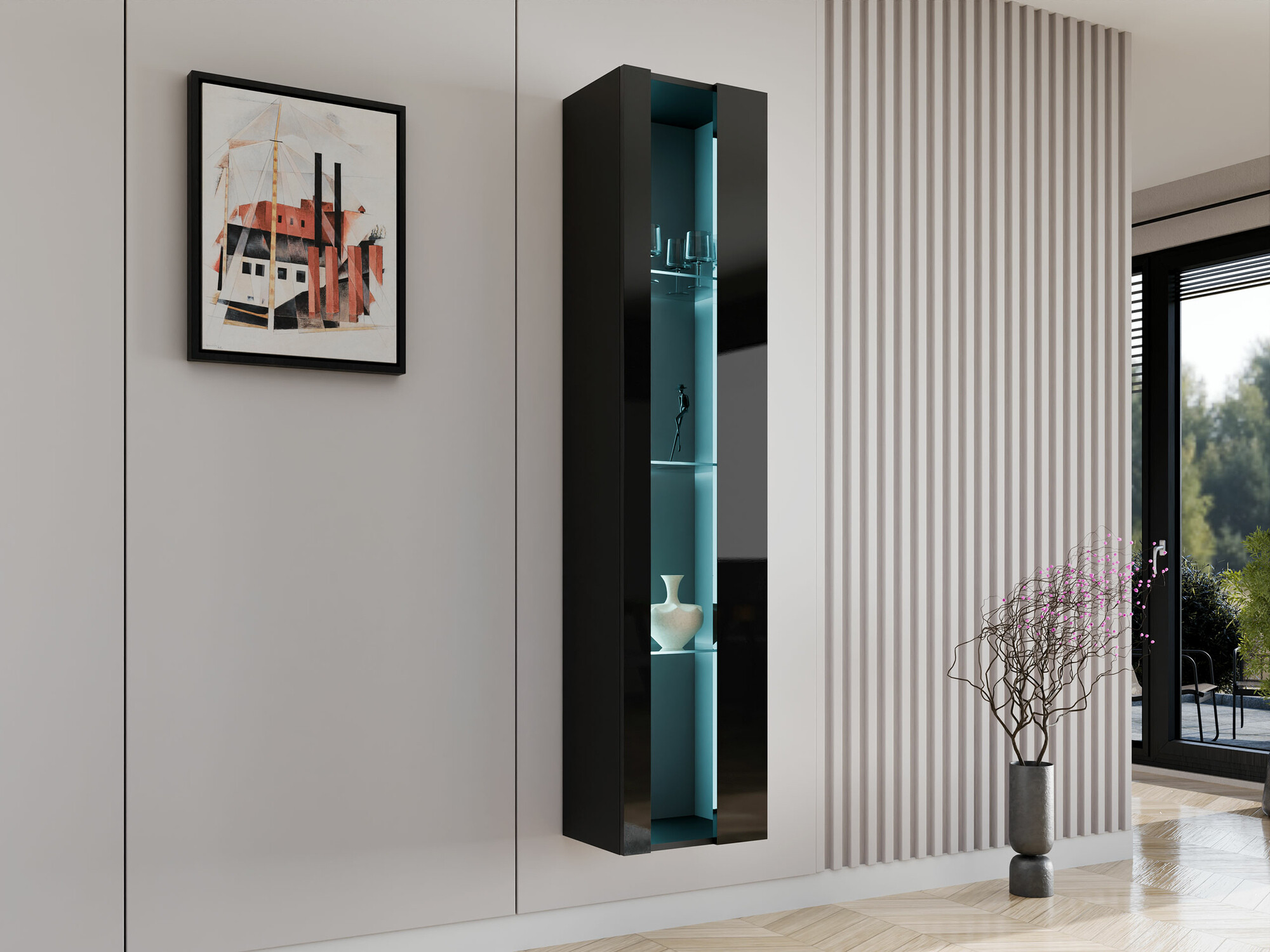 Estante de parede Vilrin V (Preto + Preto brilhante)