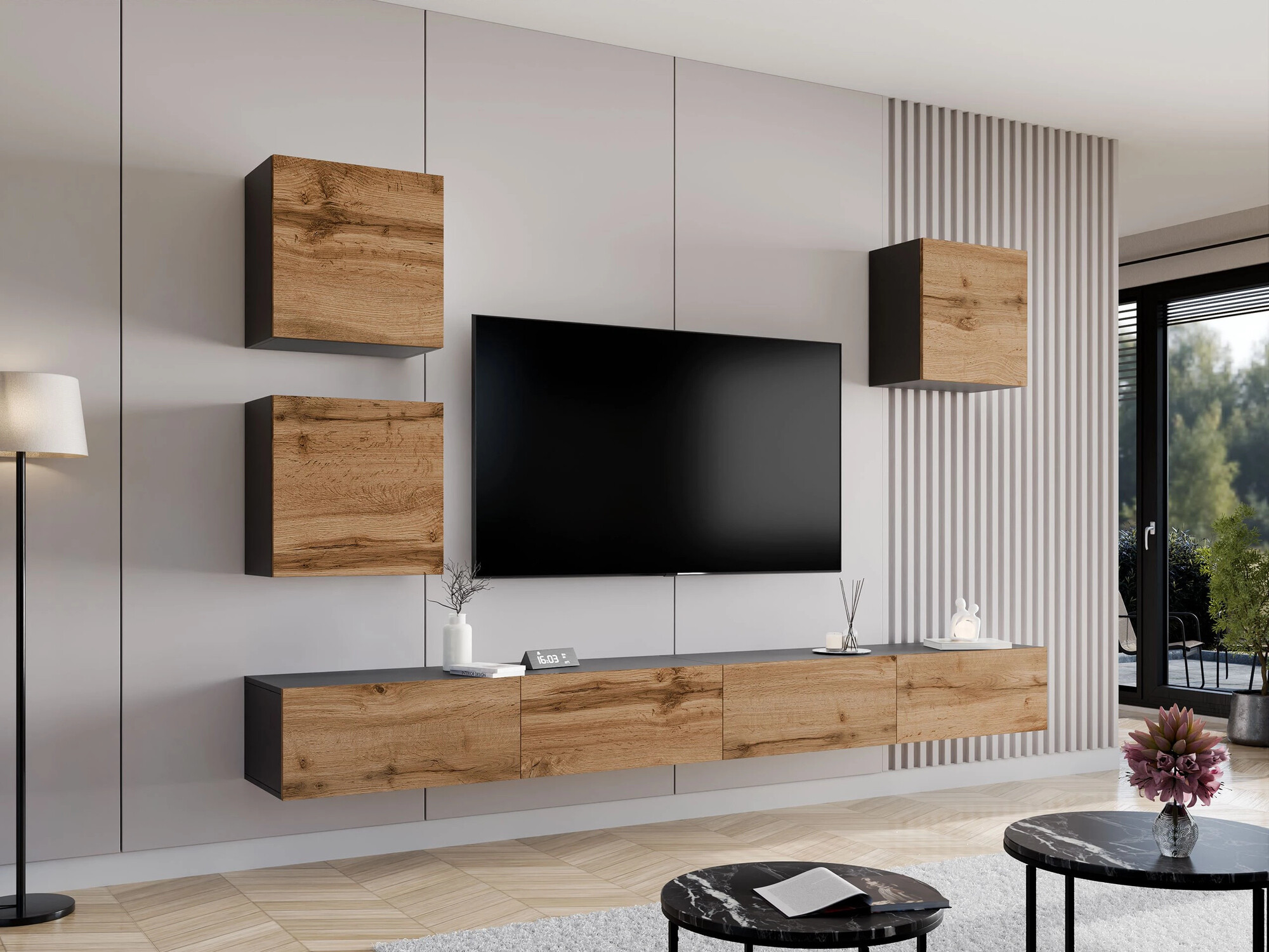 Armário suspenso Vilrin I (Preto + Carvalho wotan)