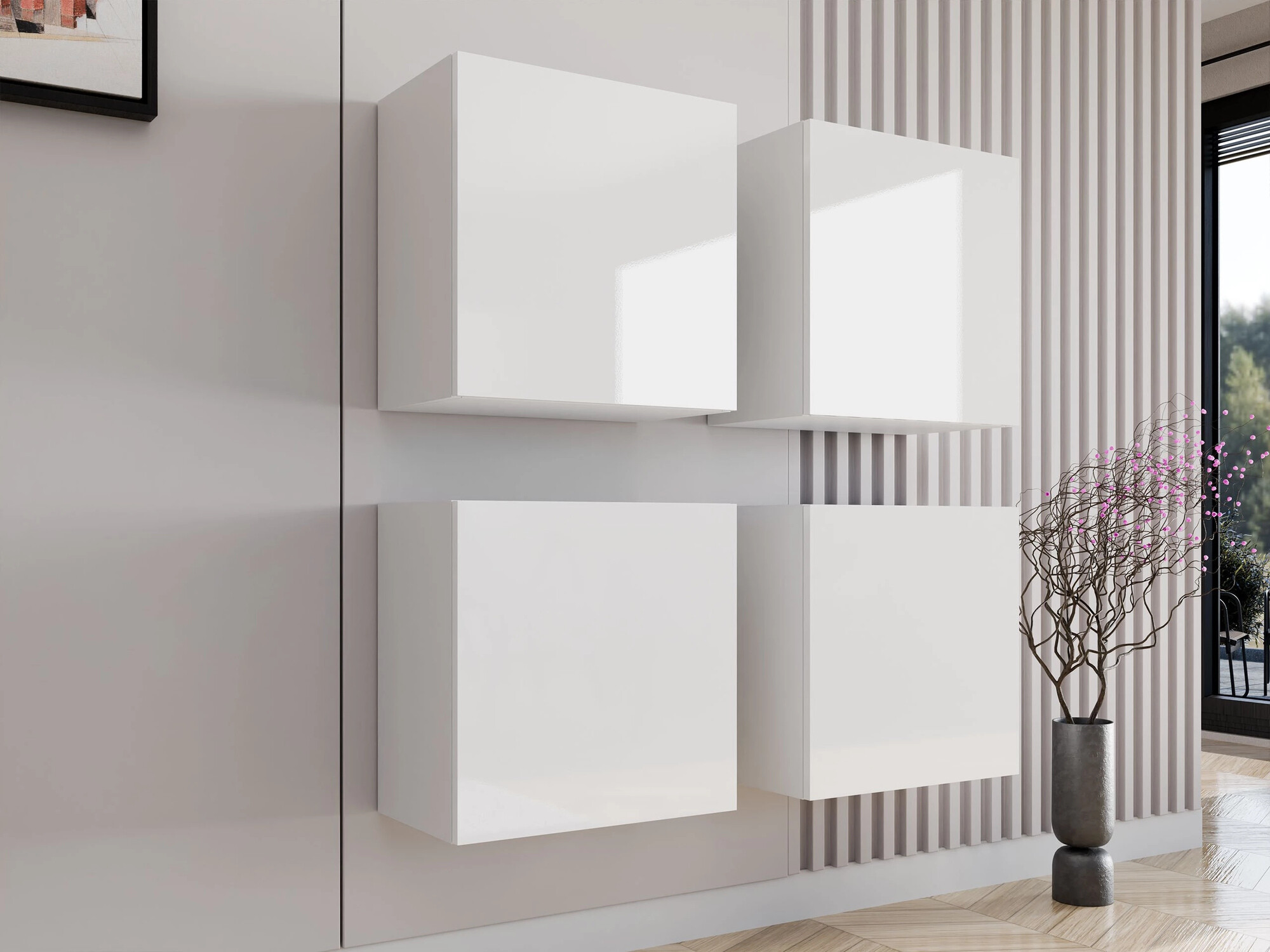 Conjunto de armários Vilrin (Branco + Branco brilhante)