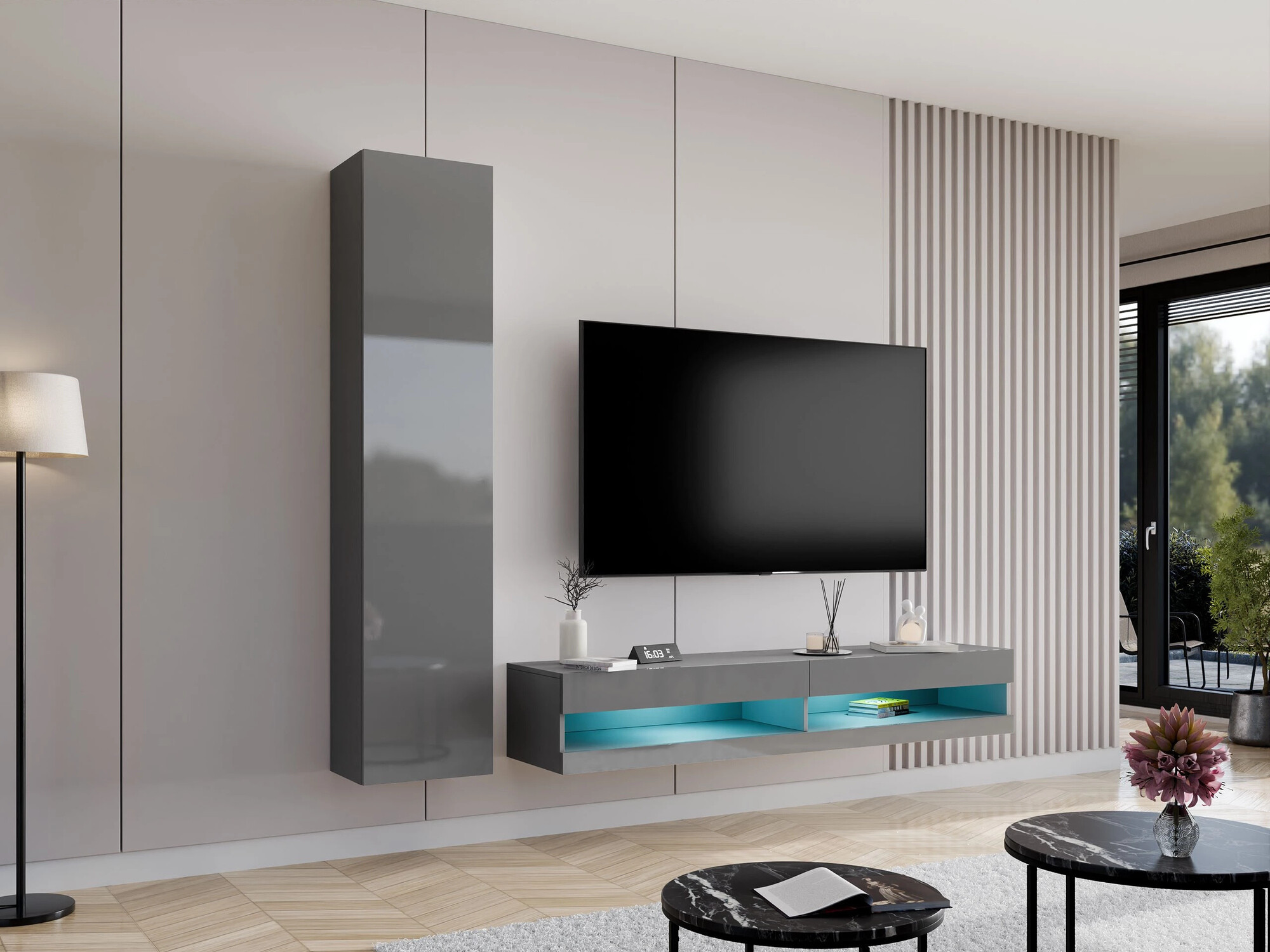 Conjunto para sala de estar Venenou 114 (Cinzento + Cinzento brilhante)