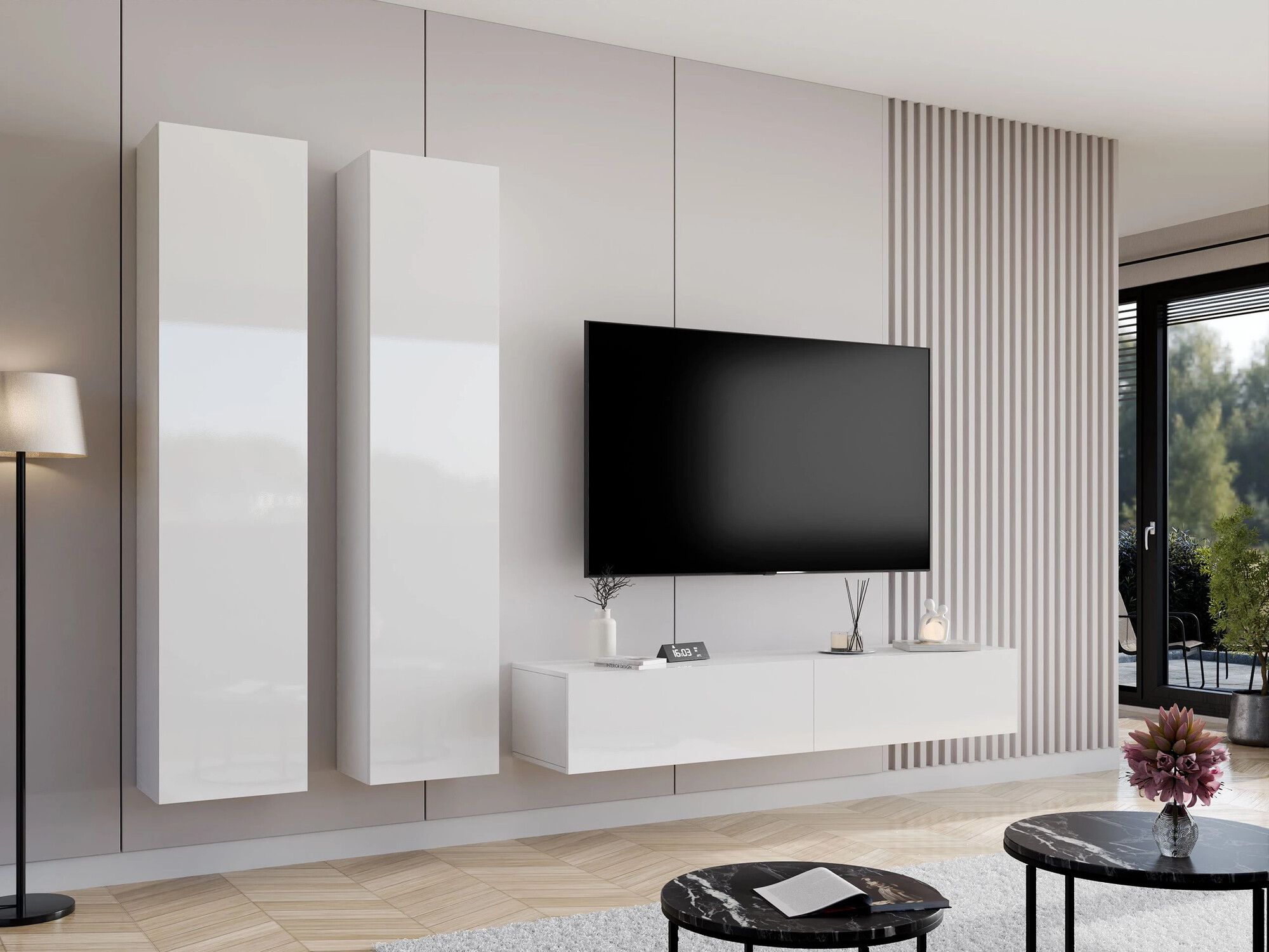 Conjunto para sala de estar Vilrin II (Branco + Branco brilhante)