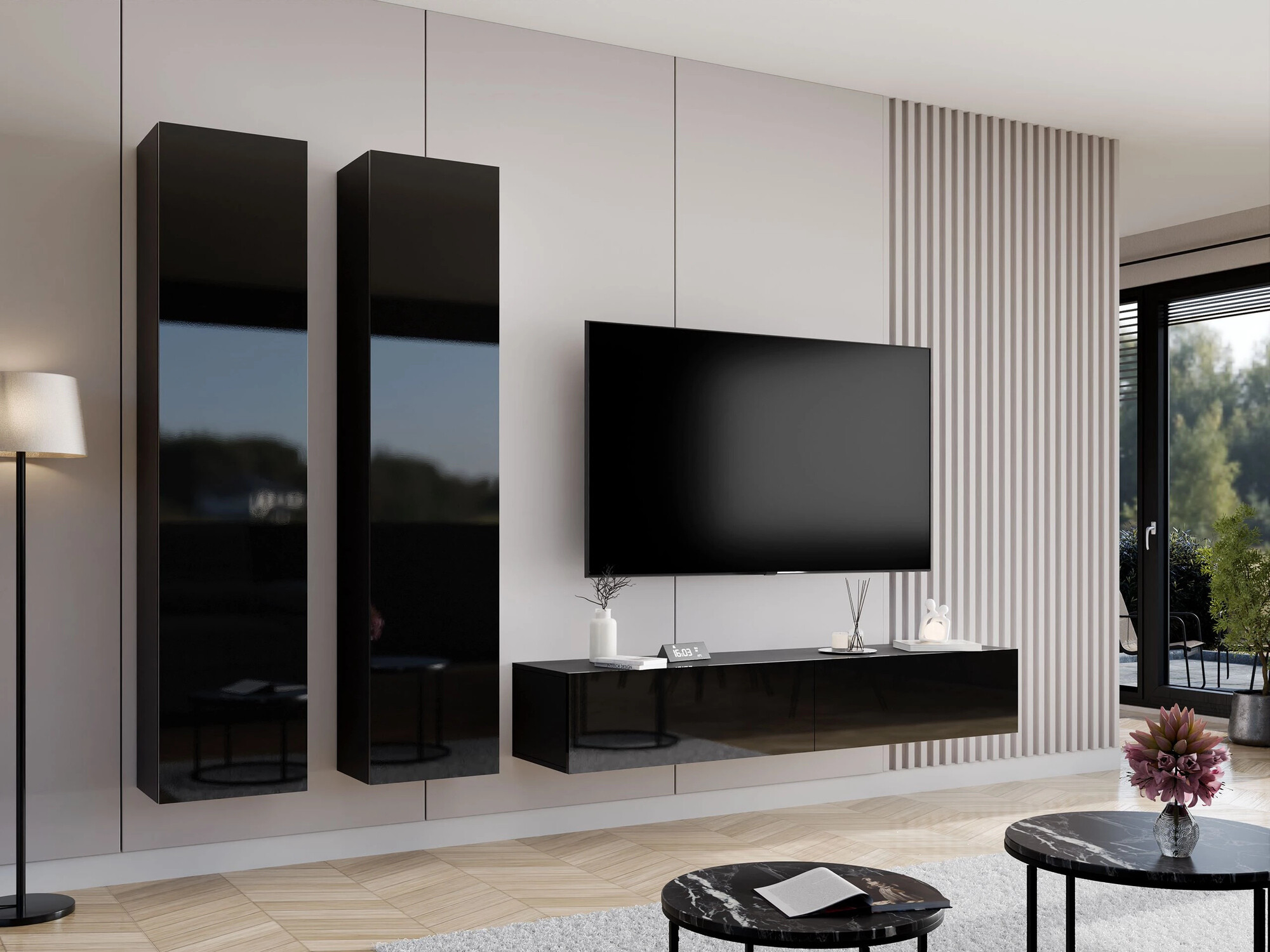 Conjunto para sala de estar Vilrin II (Preto + Preto brilhante)
