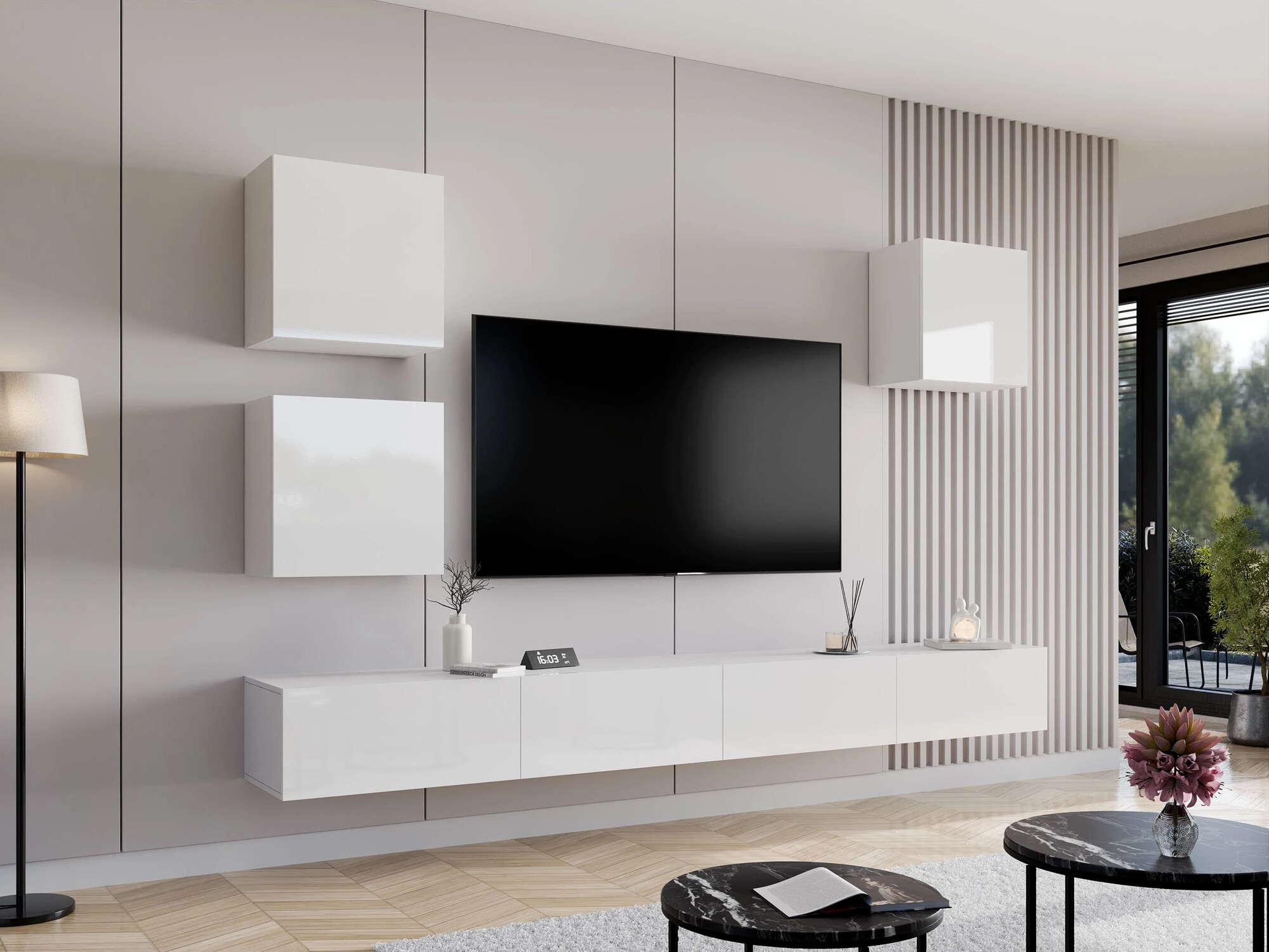 Conjunto para sala de estar Vilrin III (Branco + Branco brilhante)