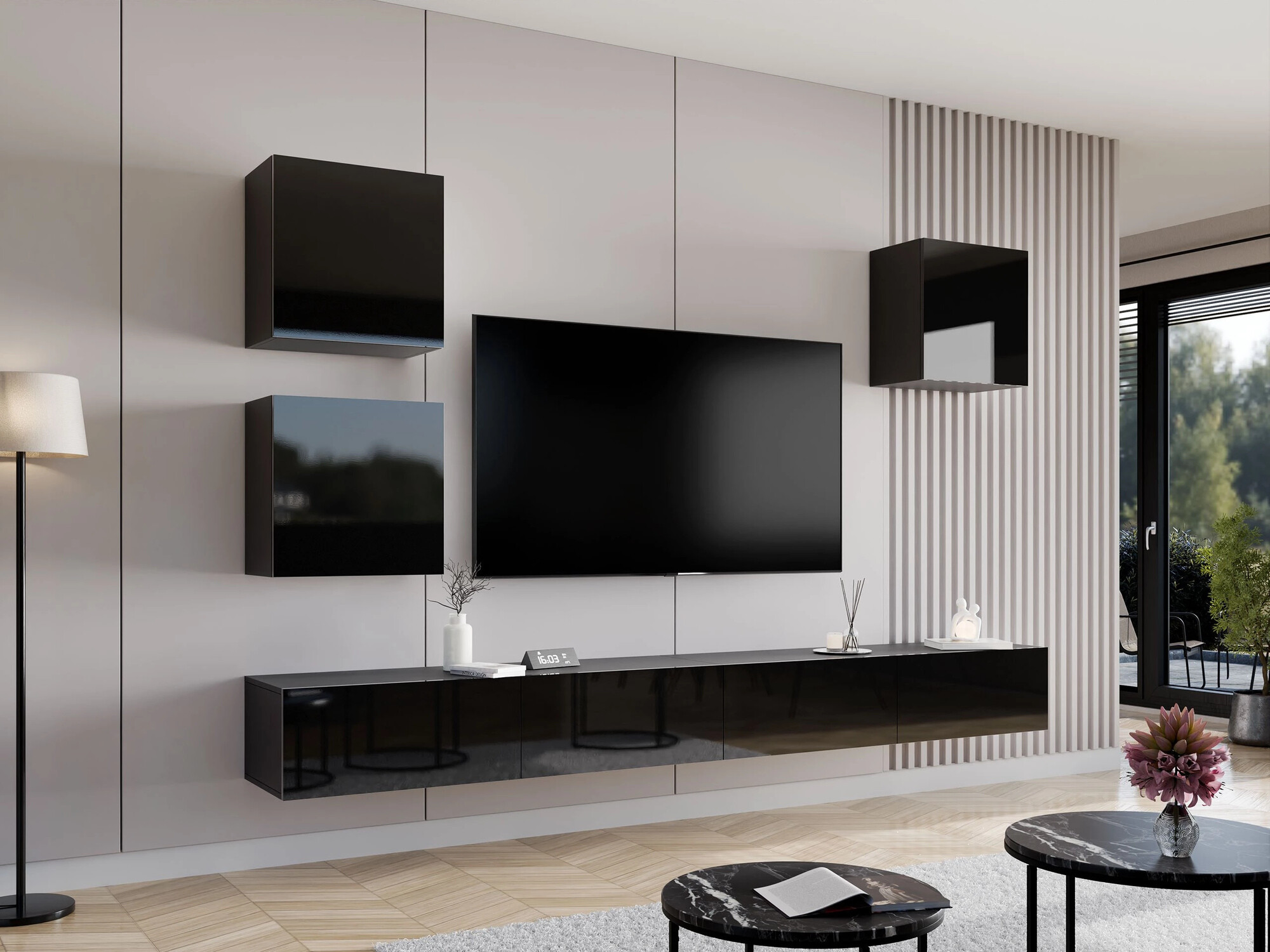 Conjunto para sala de estar Vilrin III (Preto + Preto brilhante)