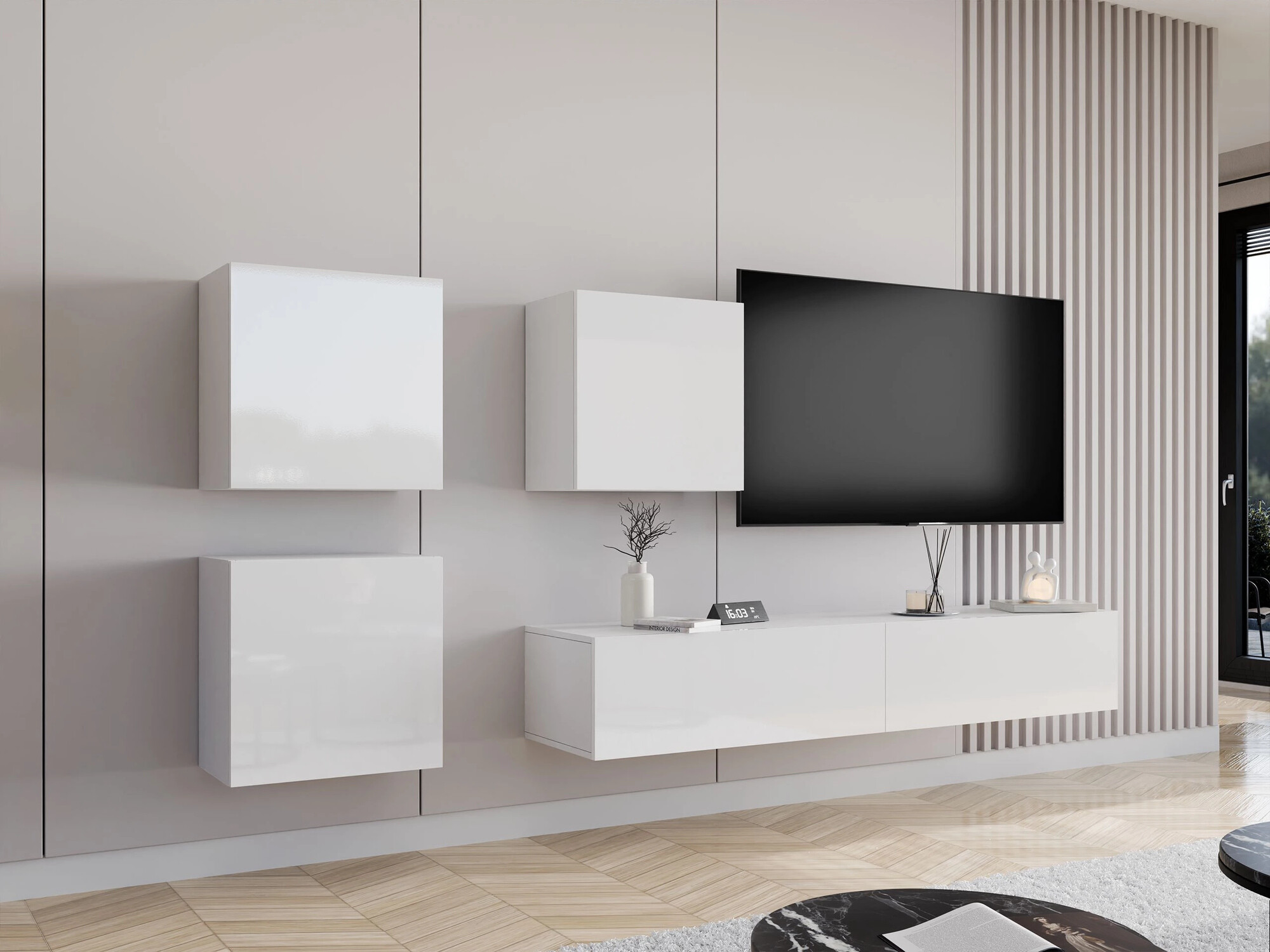 Conjunto para sala de estar Vilrin IV (Branco + Branco brilhante)