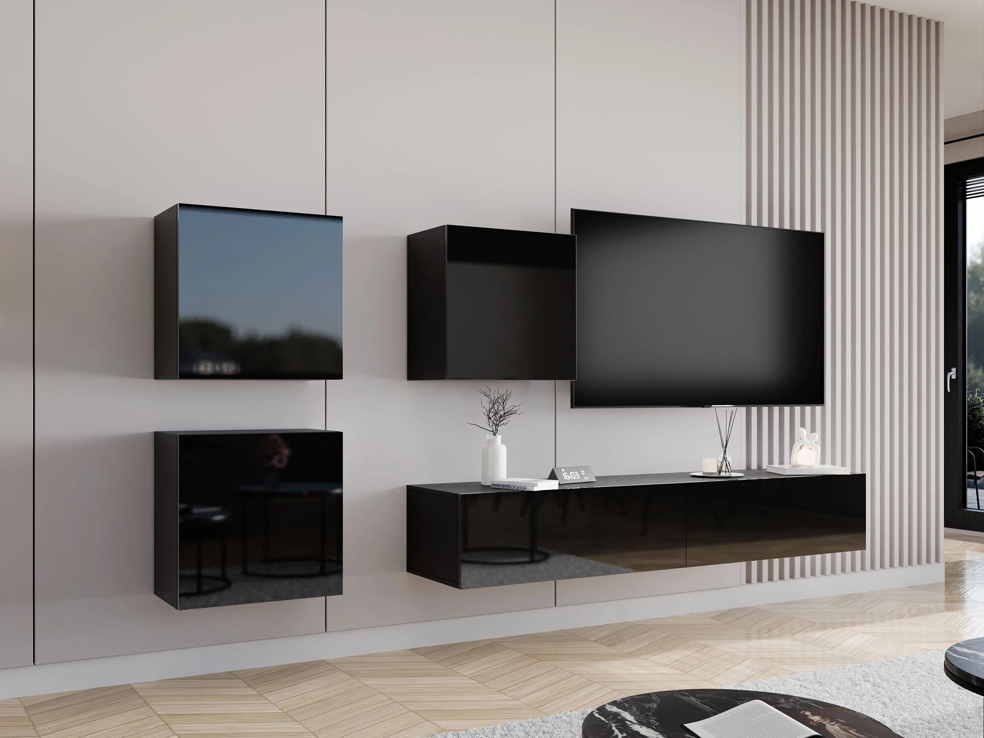 Conjunto para sala de estar Vilrin IV (Preto + Preto brilhante)
