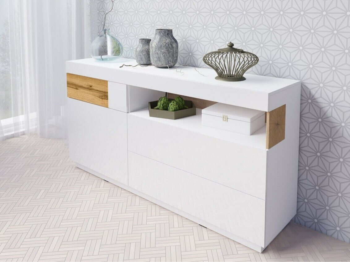 Cómoda Livlore 107 (Branco + Branco brilhante + Carvalho wotan)
