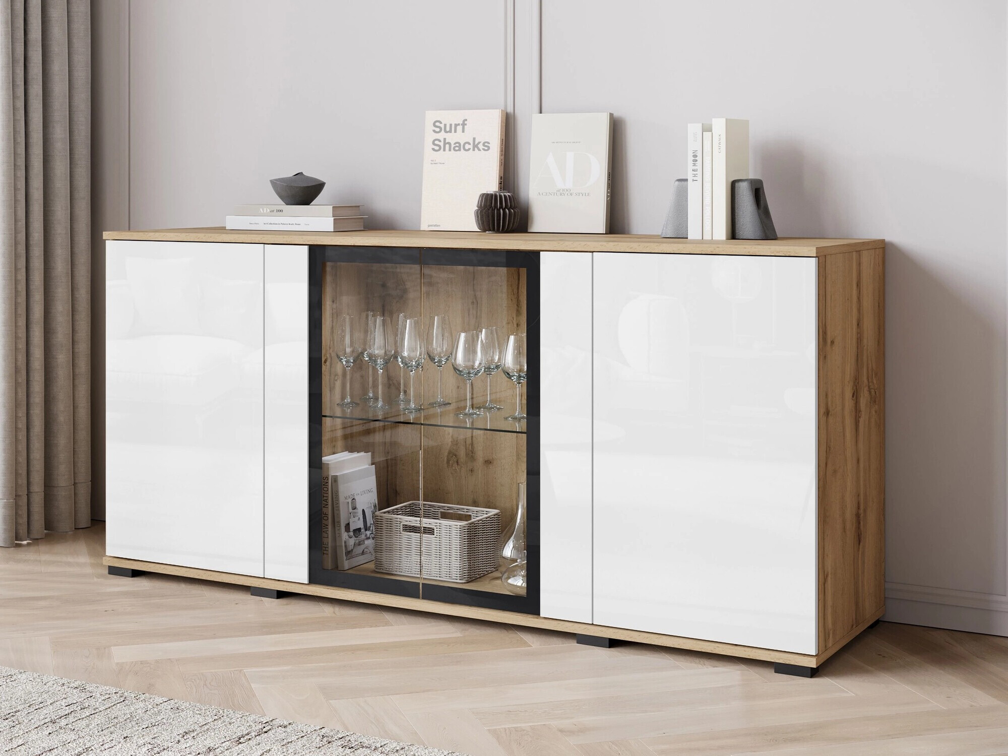 Aparador Torcame 102 (Carvalho wotan + Branco brilhante)