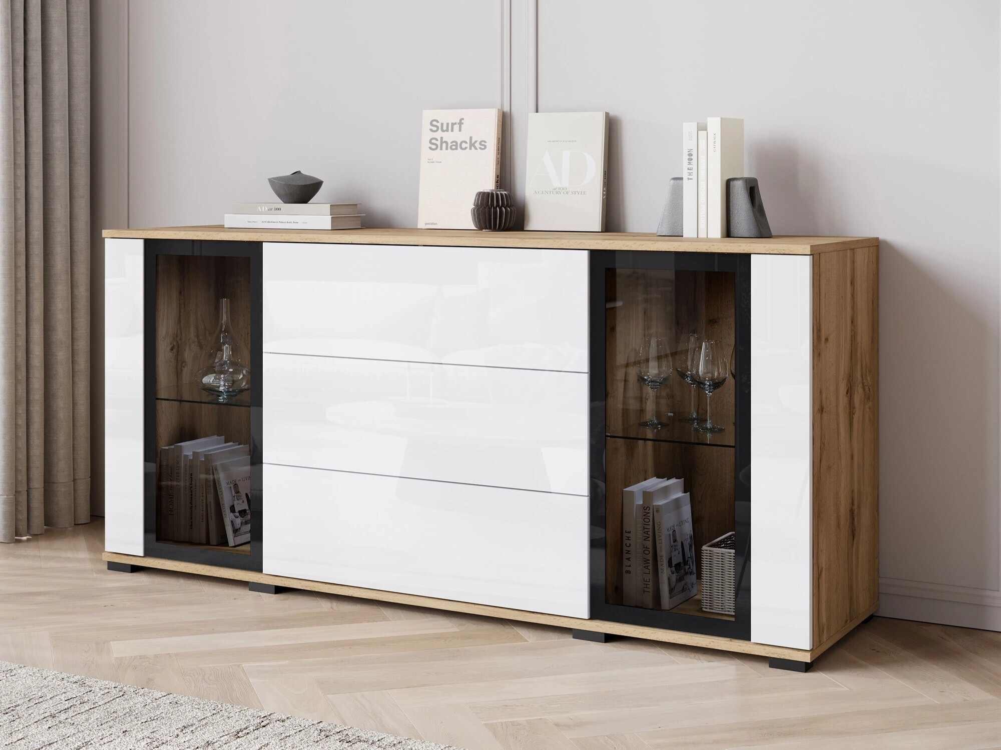 Cómoda Torcame 101 (Carvalho wotan + Branco brilhante)