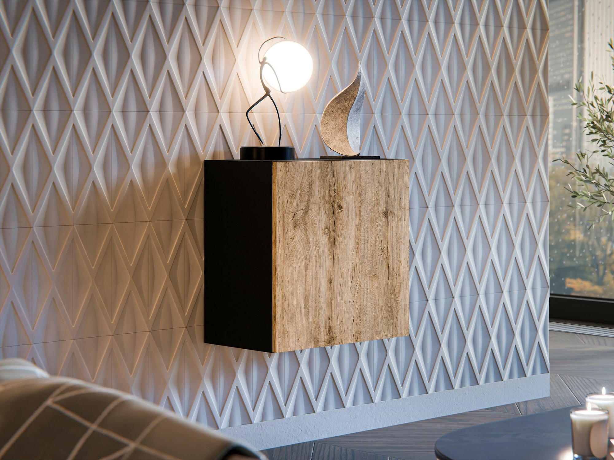 Armário suspenso Calveru 103 (Preto + Carvalho wotan)