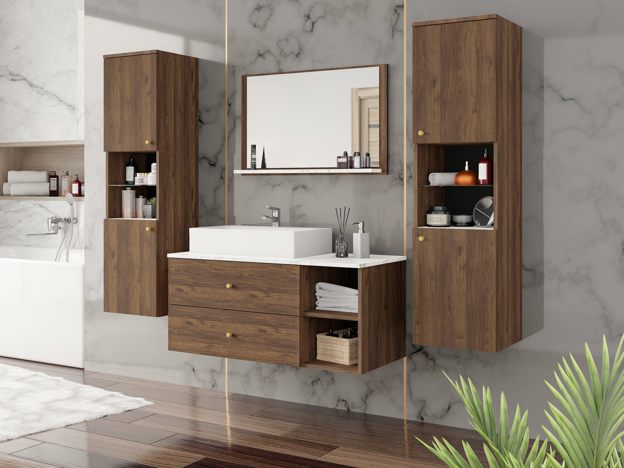 Conjunto para casa de banho Salus III (Nogueira + Marmore branco)