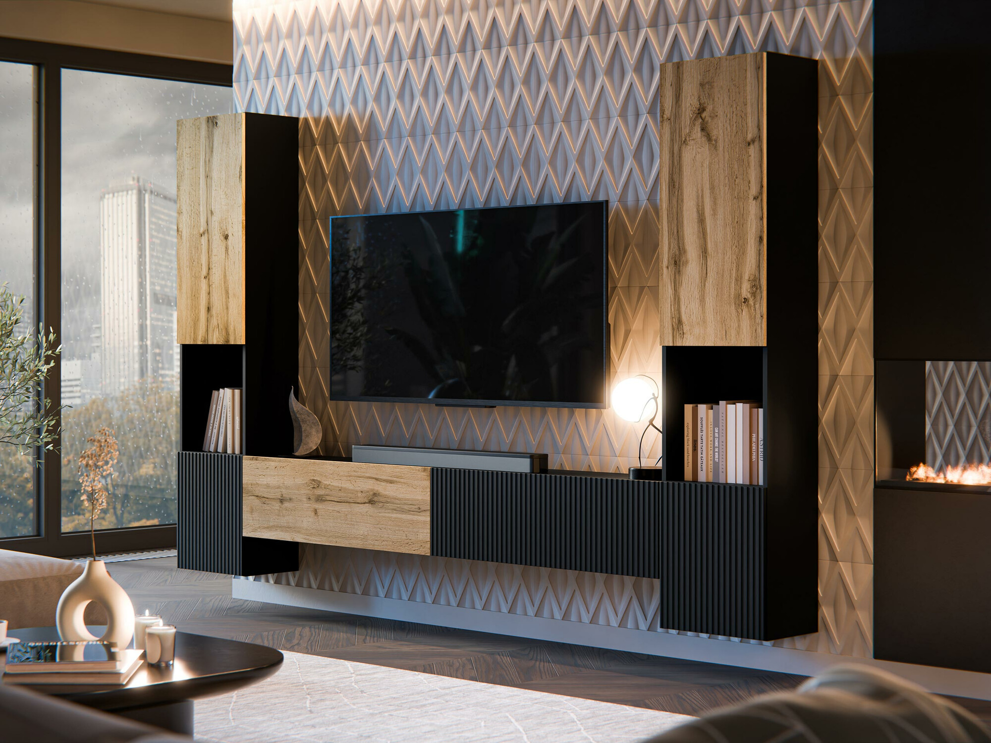 Conjunto para sala de estar Calveru 107 (Preto + Carvalho wotan)