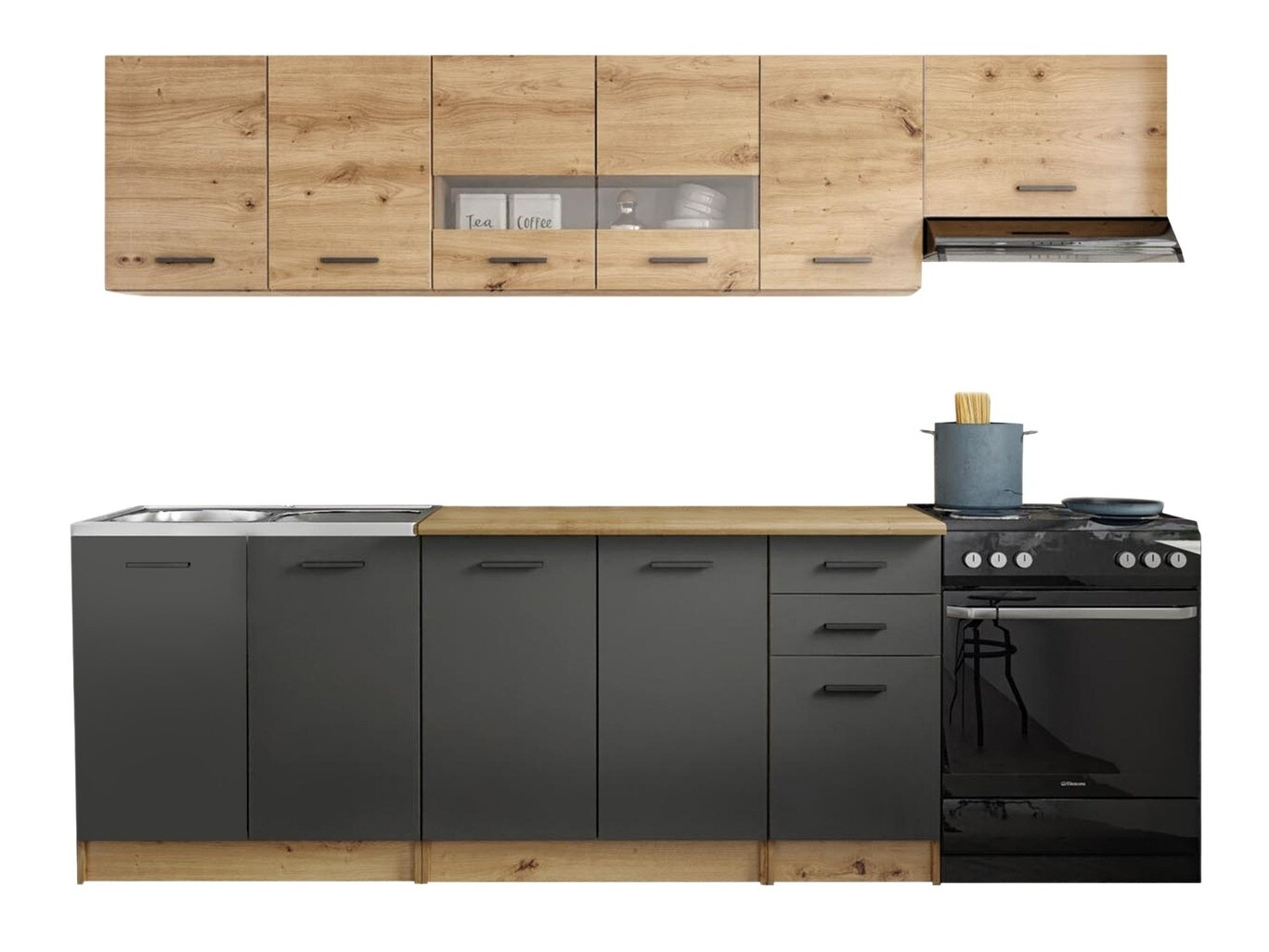 Conjunto de cozinha Houston 1182 (Carvalho Artisan + Cinza fosco + Carvalho wotan)