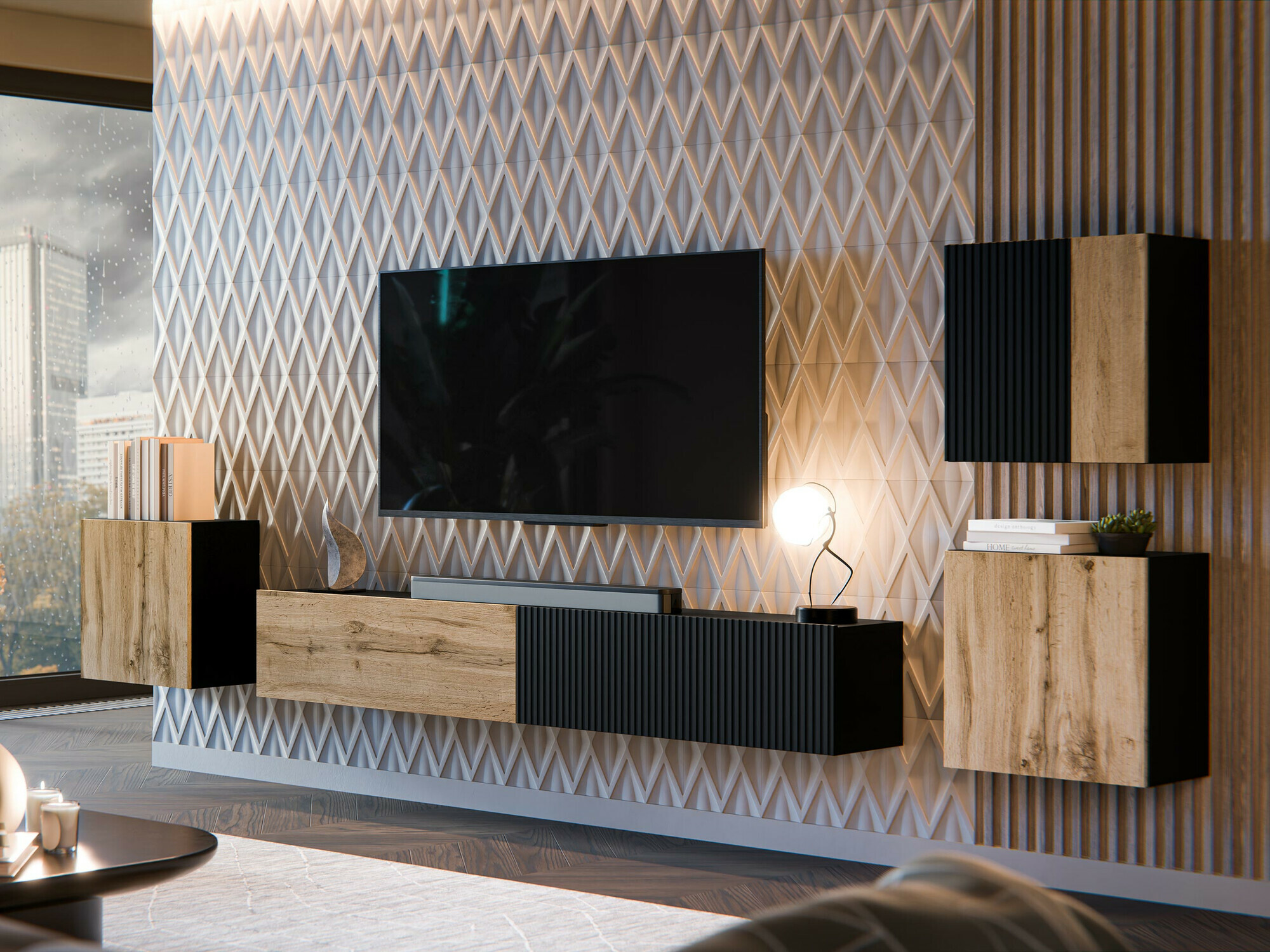 Conjunto para sala de estar Species IV (Preto + Carvalho wotan)