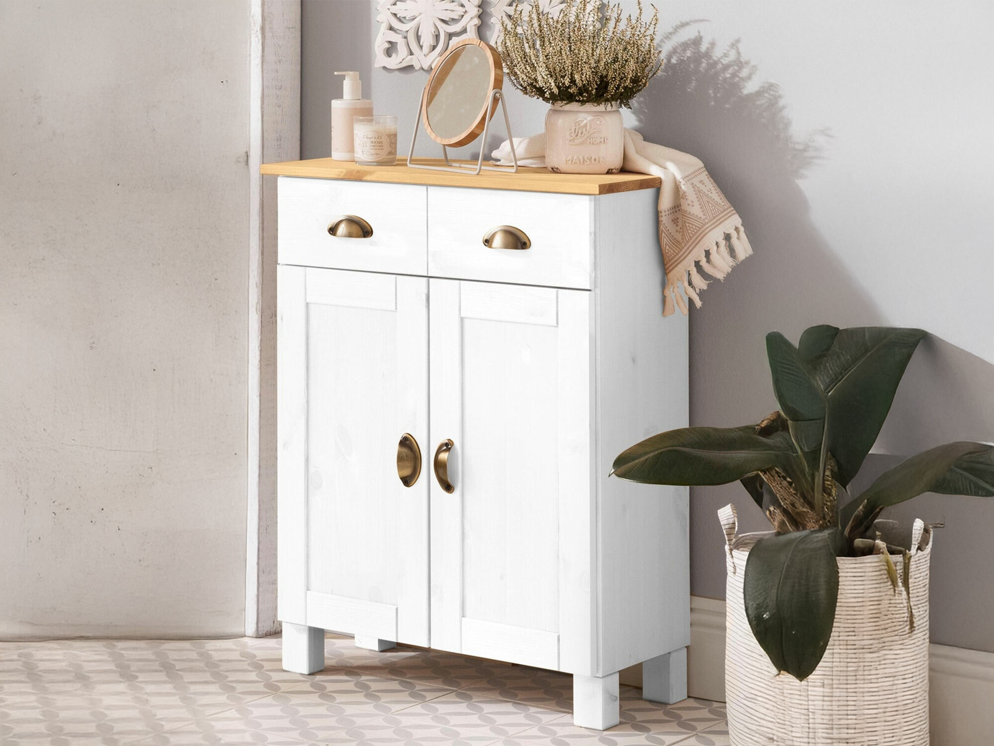 Armário de casa de banho de chão para lavatório Serelbu 104 (Branco + Castanho claro)