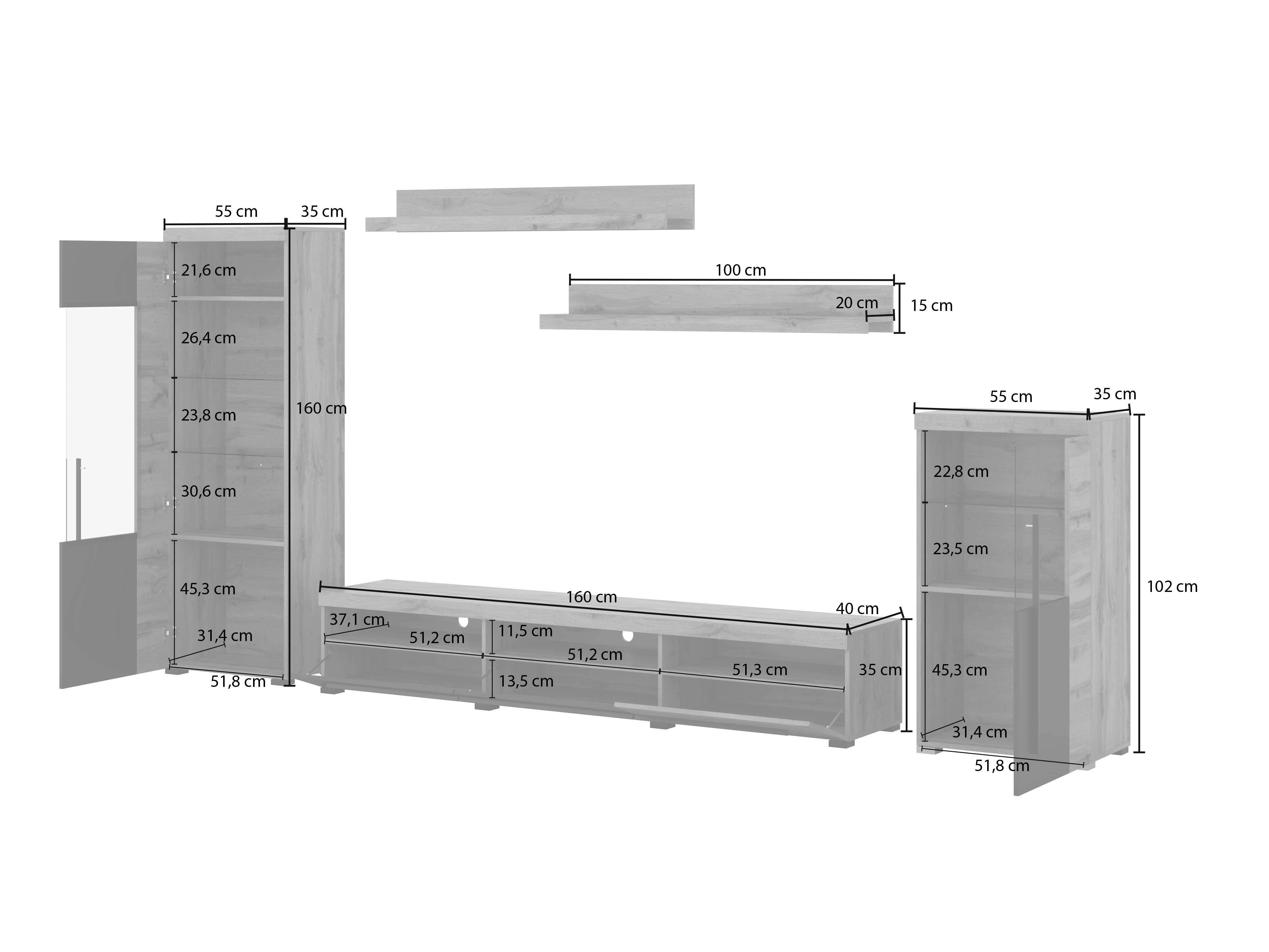 Conjunto para sala de estar Sorciro 103 (Preto + Carvalho wotan)