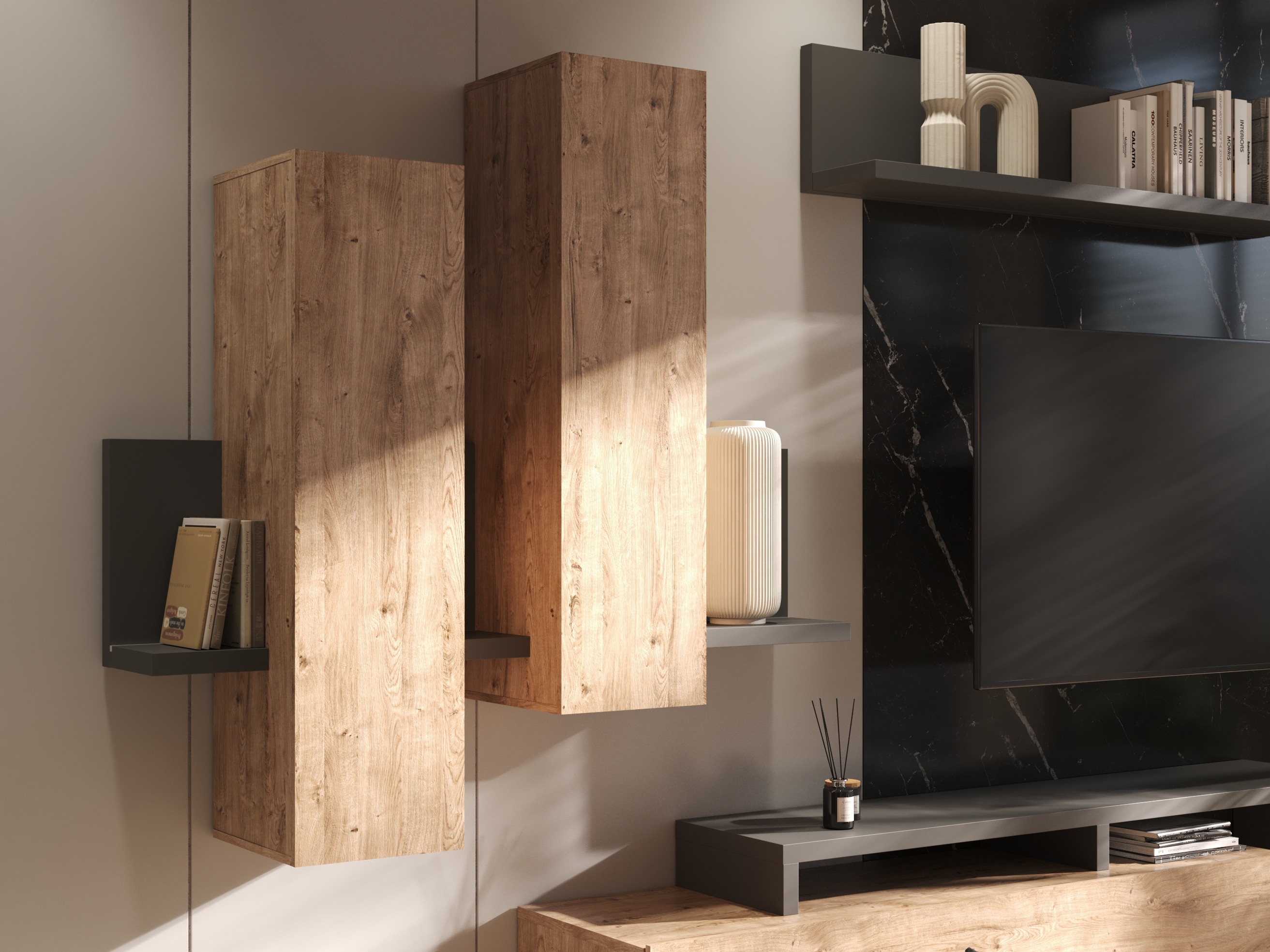 Armário suspenso Lutiva 101 (Antracite + Ribbec carvalho)