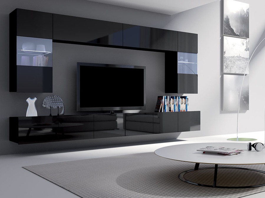 Armário suspenso Tivdalu 101 (Preto + Preto brilhante)