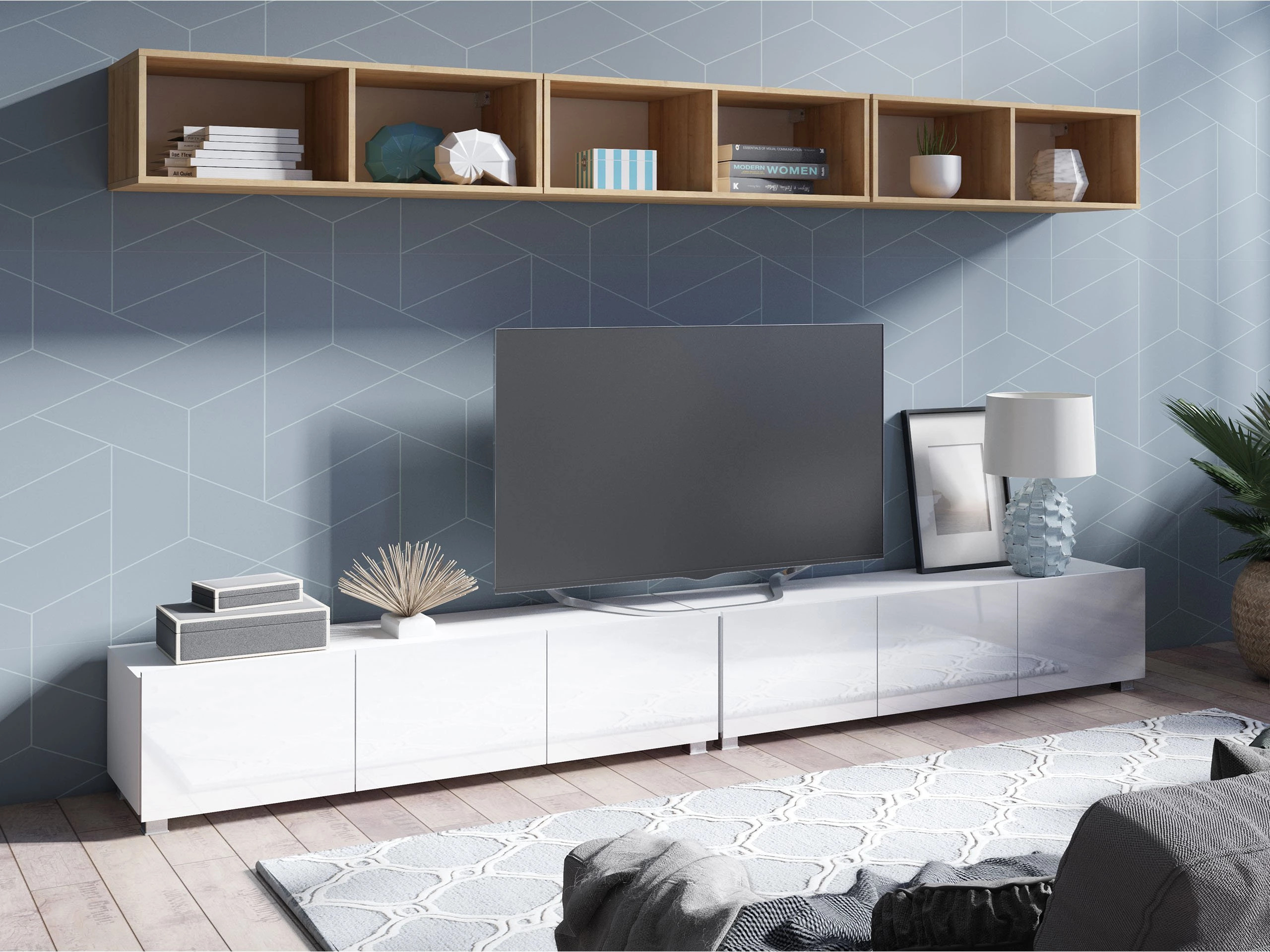 Conjunto para sala de estar Remus XXXIII (Branco + Branco brilhante + Carvalho dourado)