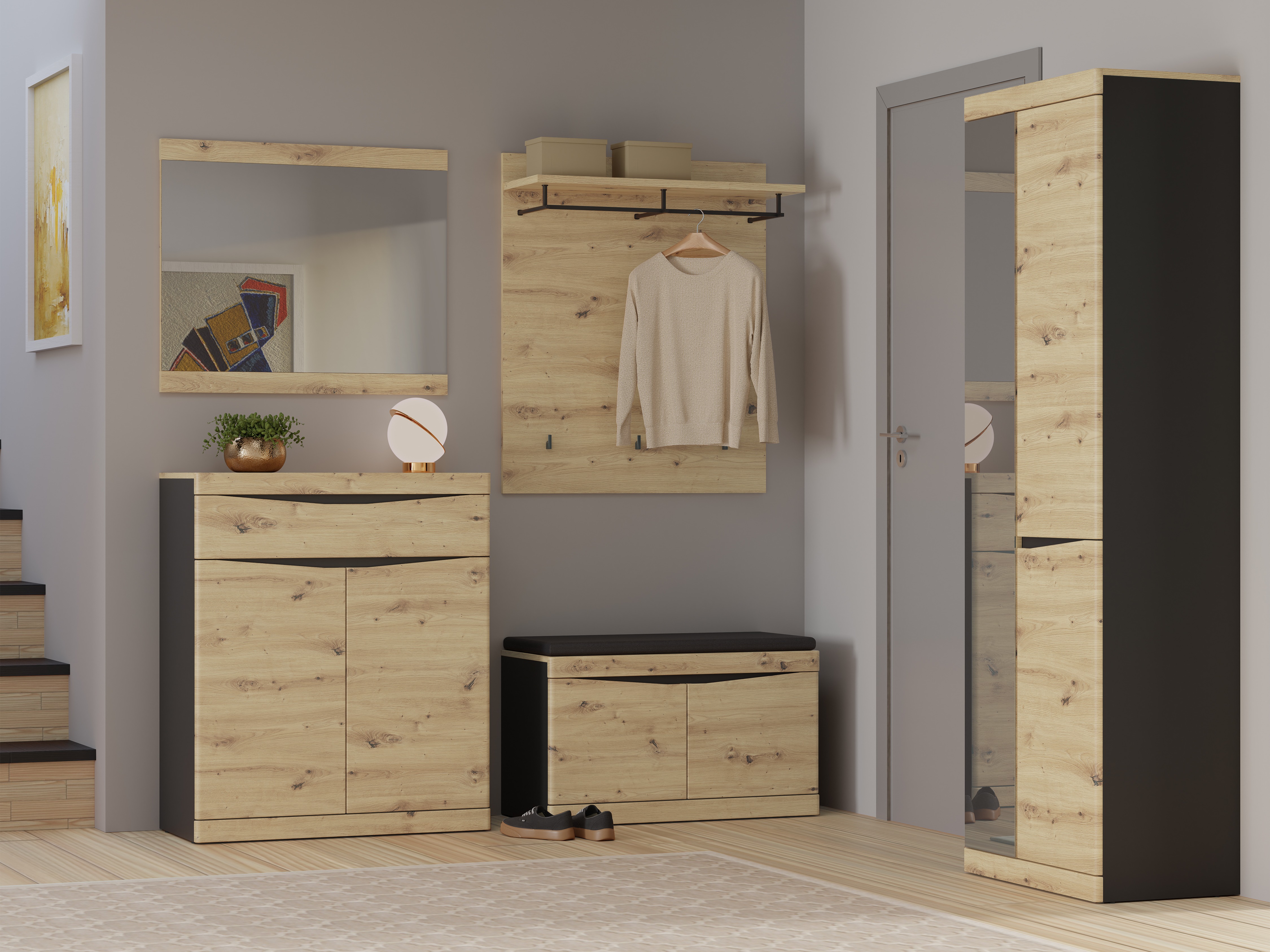 Conjunto de entrada Venlori 119 (Carvalho Artisan + Antracite)