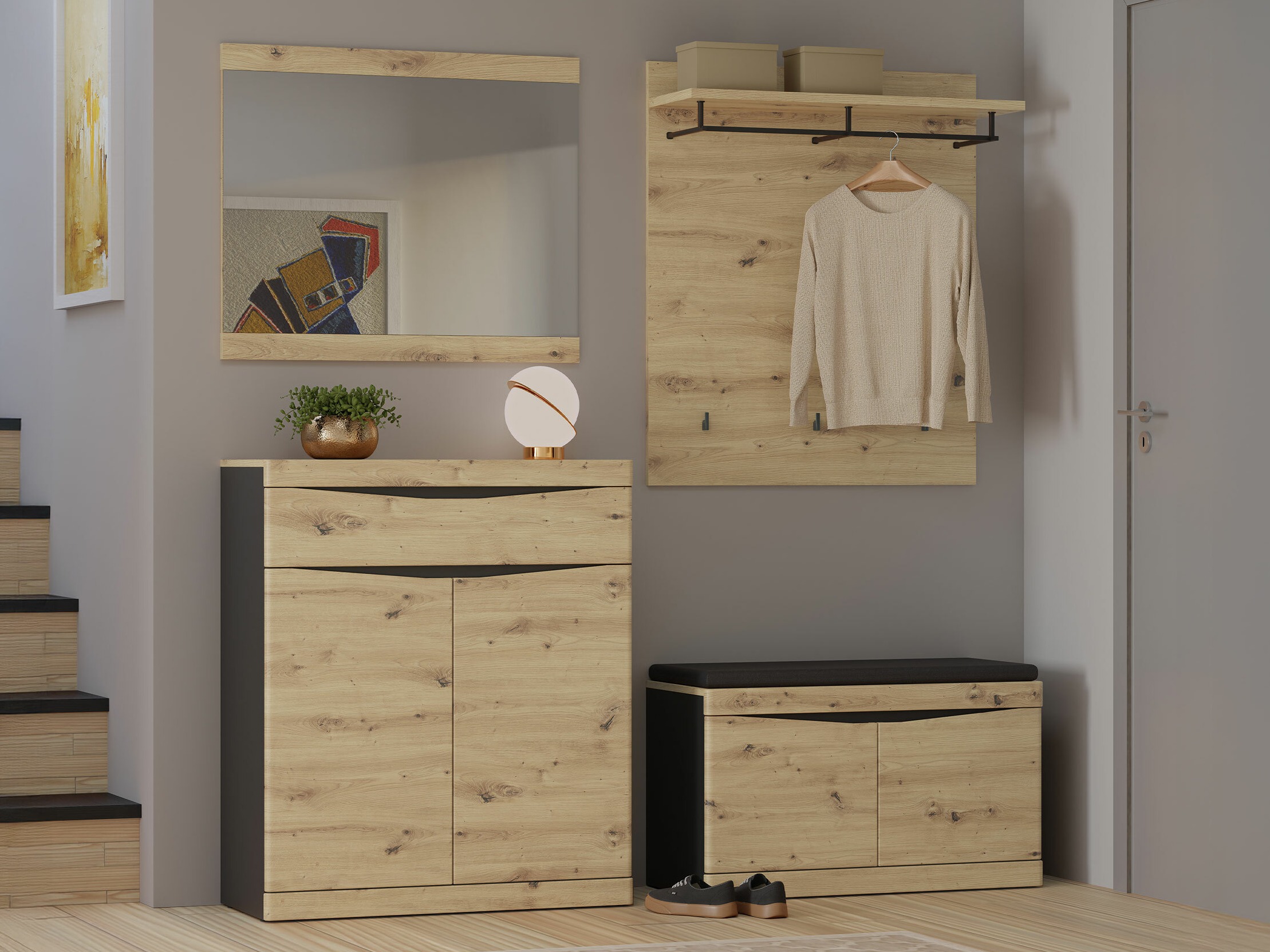 Conjunto de entrada Venlori 119 (Carvalho Artisan + Antracite)