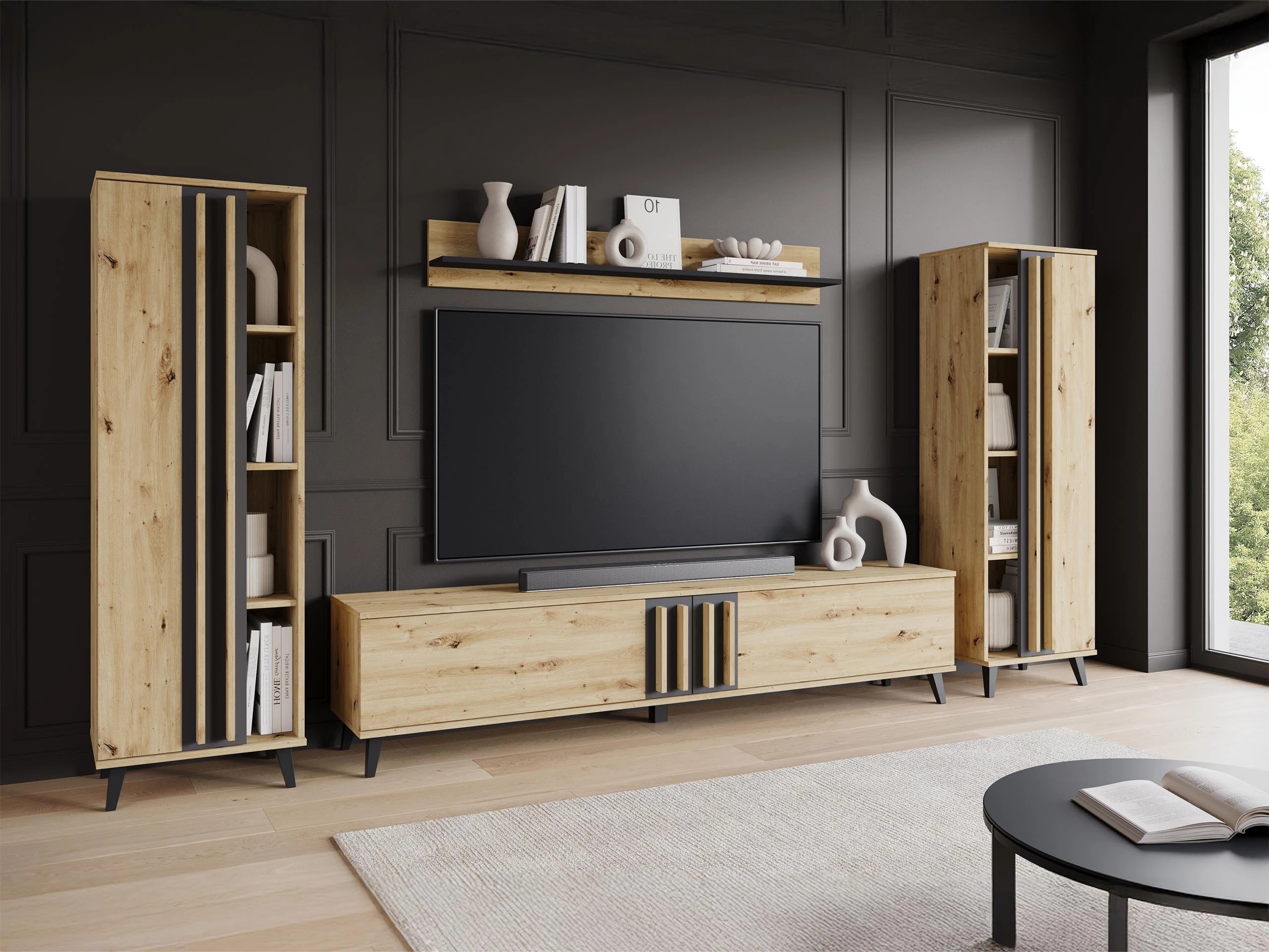 Conjunto para sala de estar Facetor (Carvalho Artisan + Grafite)