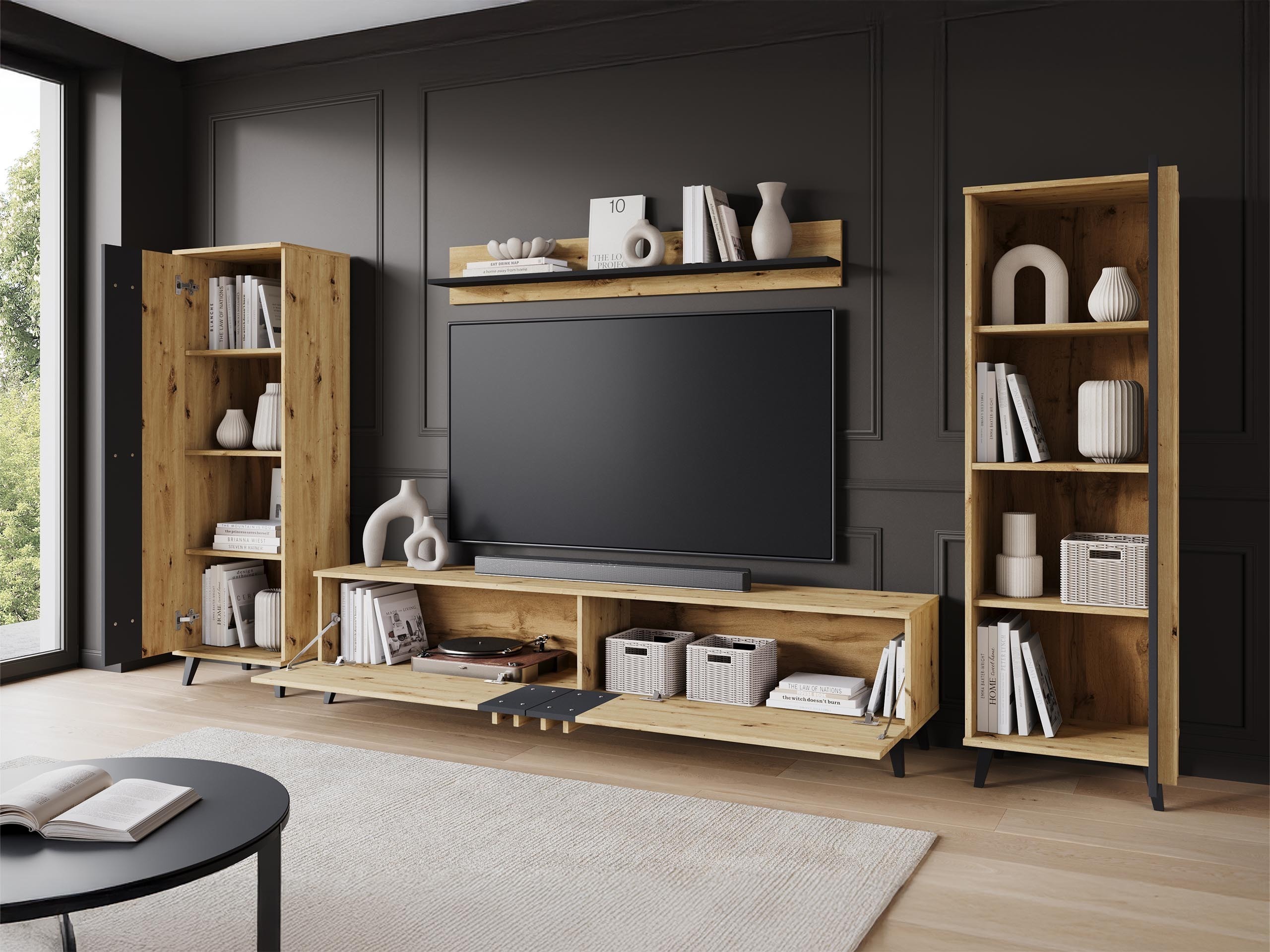 Conjunto para sala de estar Facetor (Carvalho Artisan + Grafite)