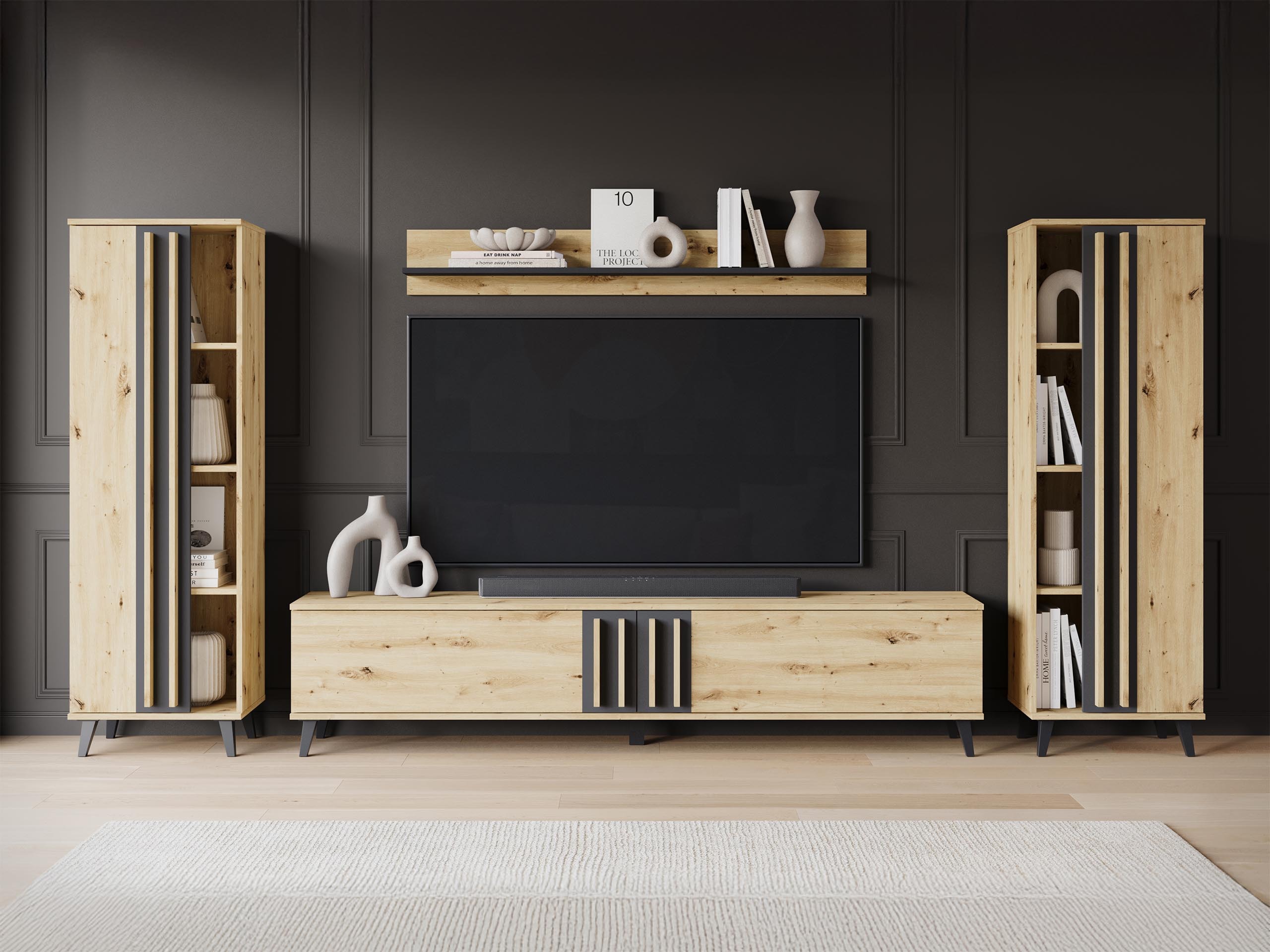 Conjunto para sala de estar Facetor (Carvalho Artisan + Grafite)