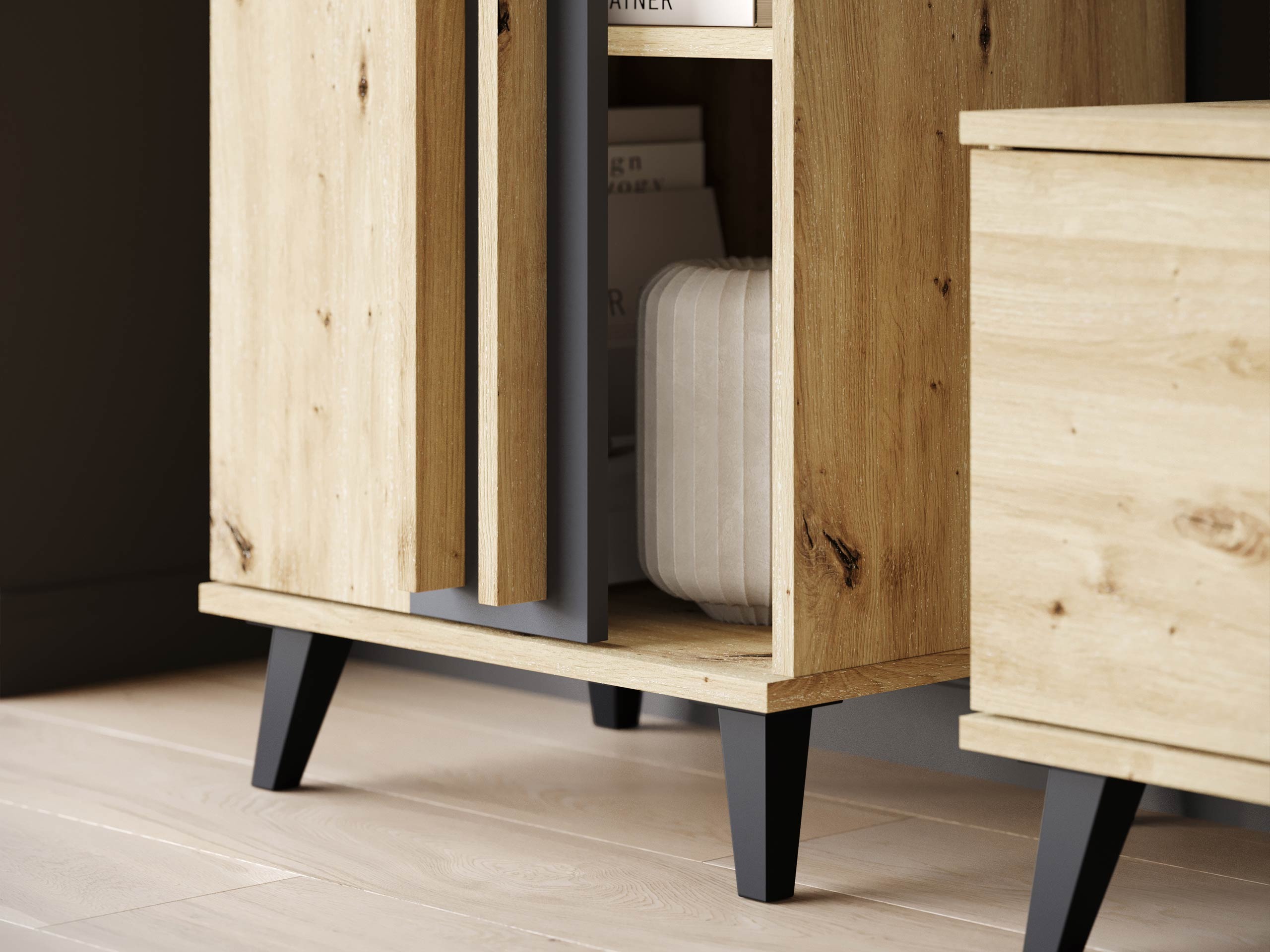 Conjunto para sala de estar Facetor (Carvalho Artisan + Grafite)