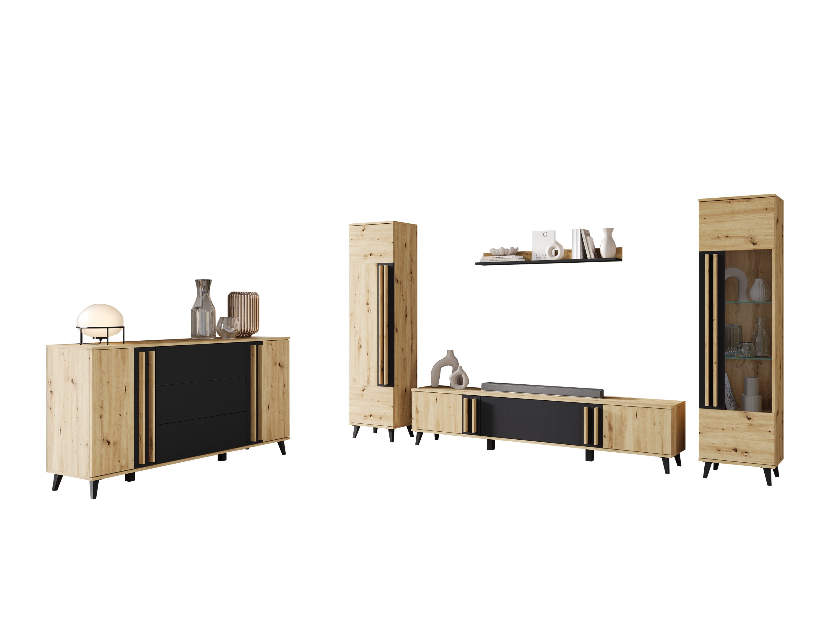 Conjunto para sala de estar Facetor IV (Carvalho Artisan + Grafite)