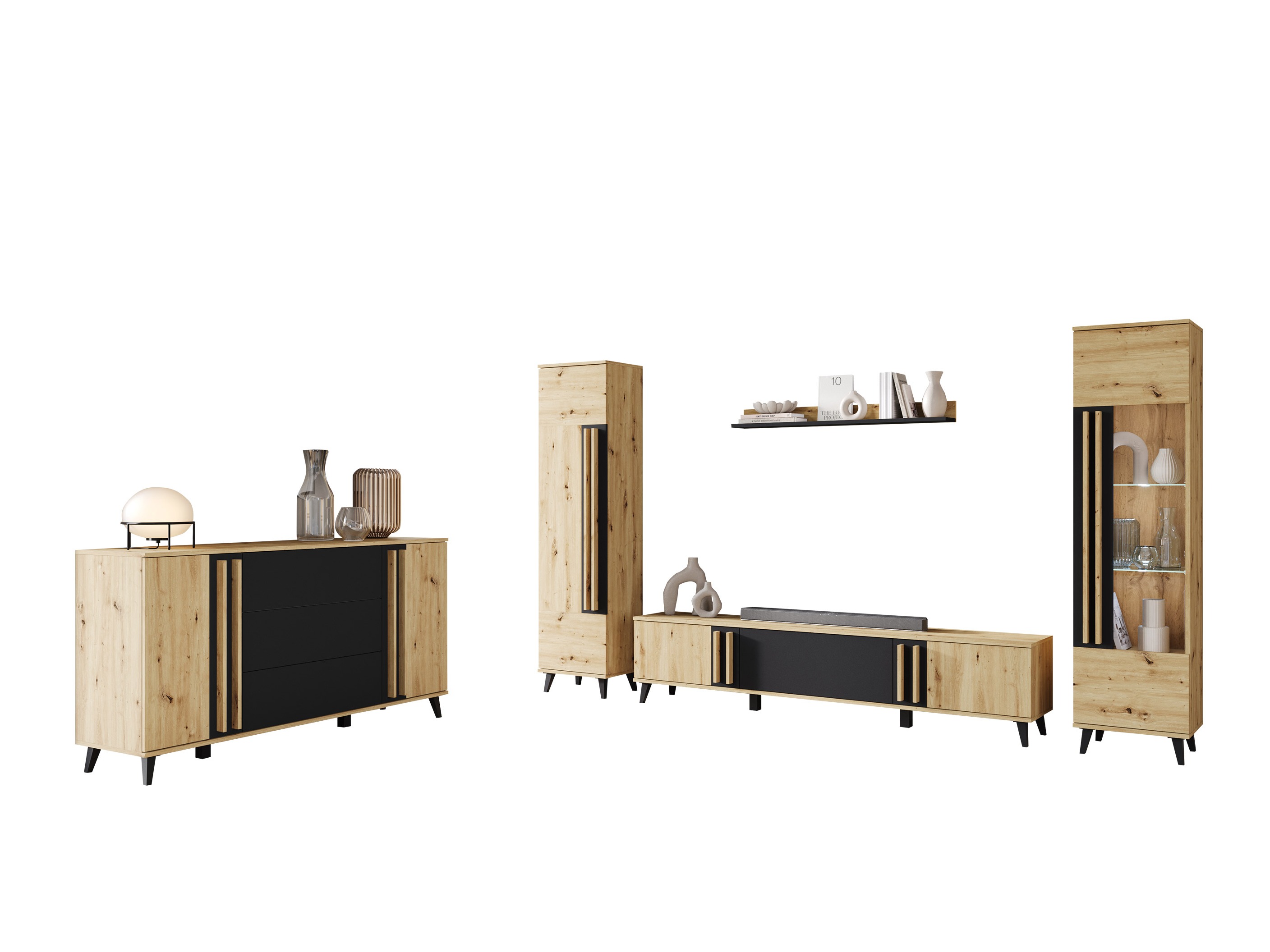 Conjunto para sala de estar Facetor IV (Carvalho Artisan + Grafite)