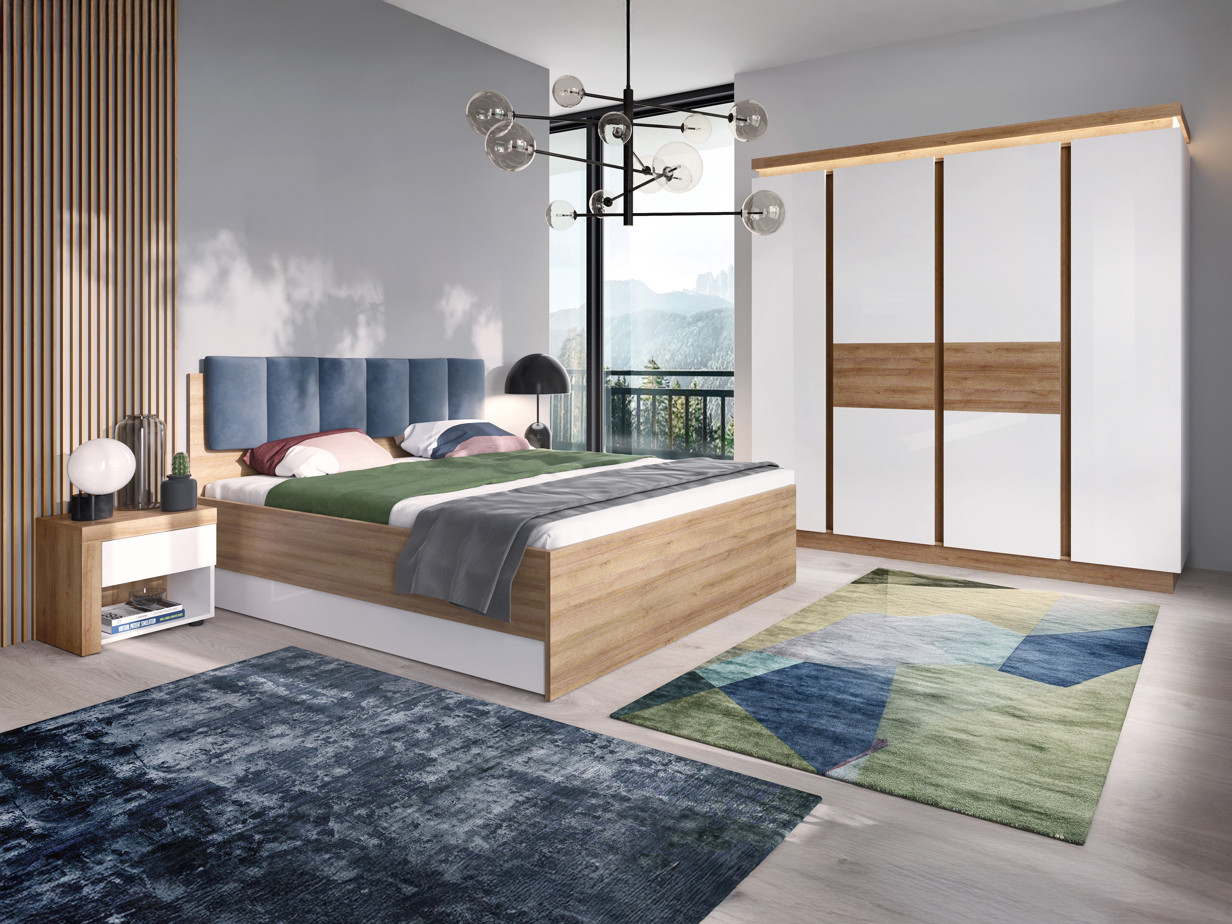 Conjunto para quarto Feldeli 122 (Riviera carvalho + Branco brilhante)