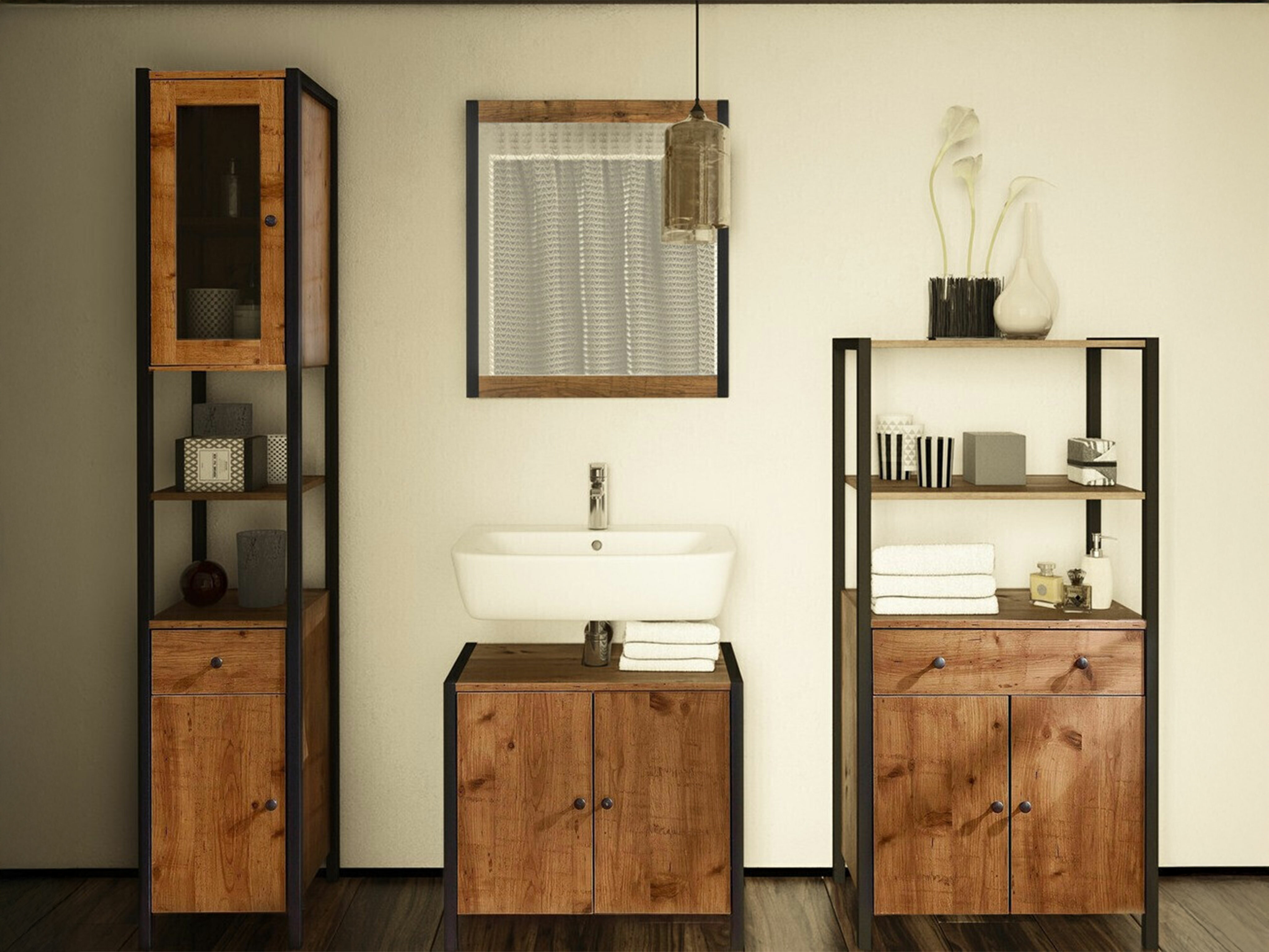 Conjunto para casa de banho Larnovo 117 (Carvalho escuro + Preto)